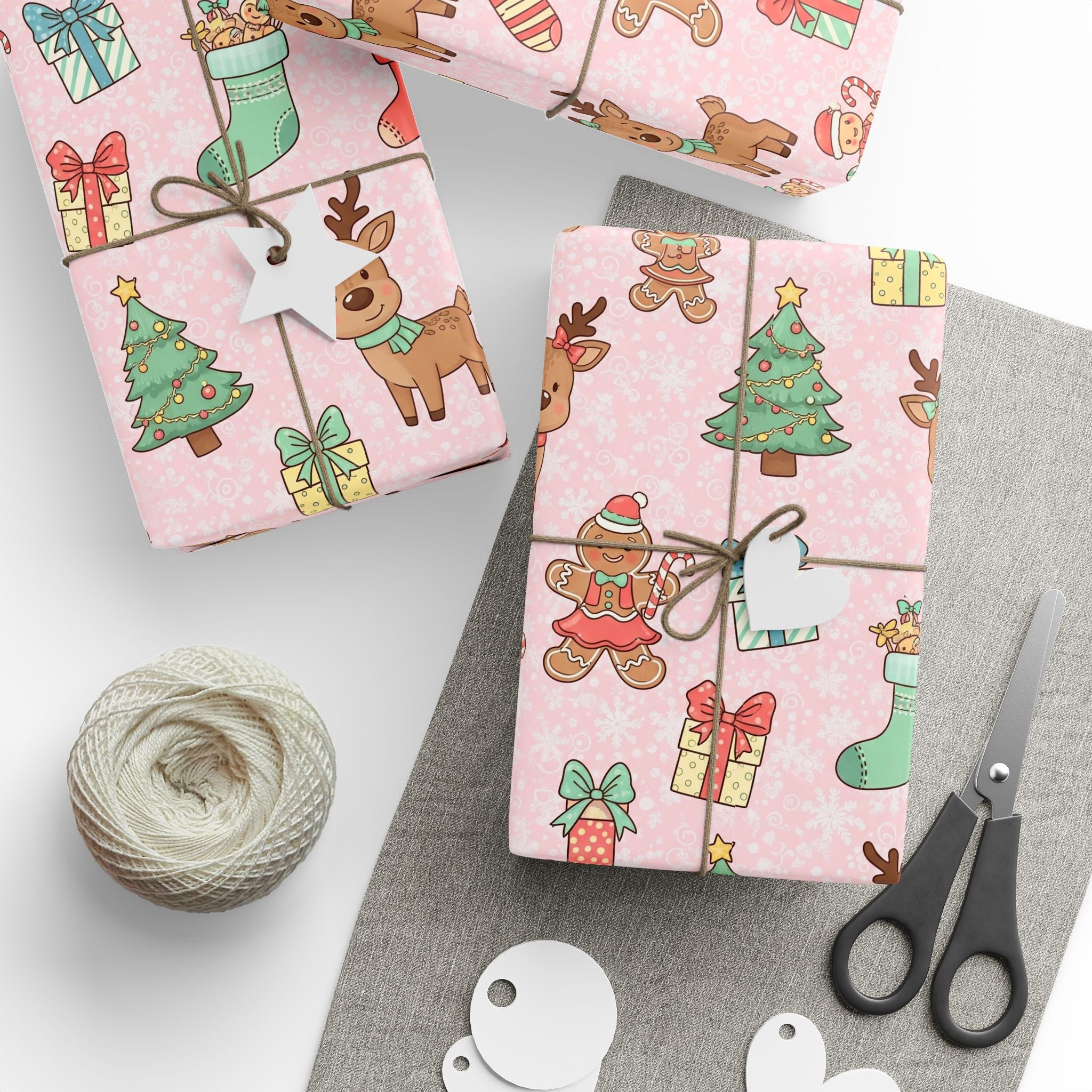 Pink Reindeer and Gingerbread Wrapping Paper, Cute Christmas Gift Wrap for Girls, Holiday Kids Gift Paper, Festive Xmas Packaging
