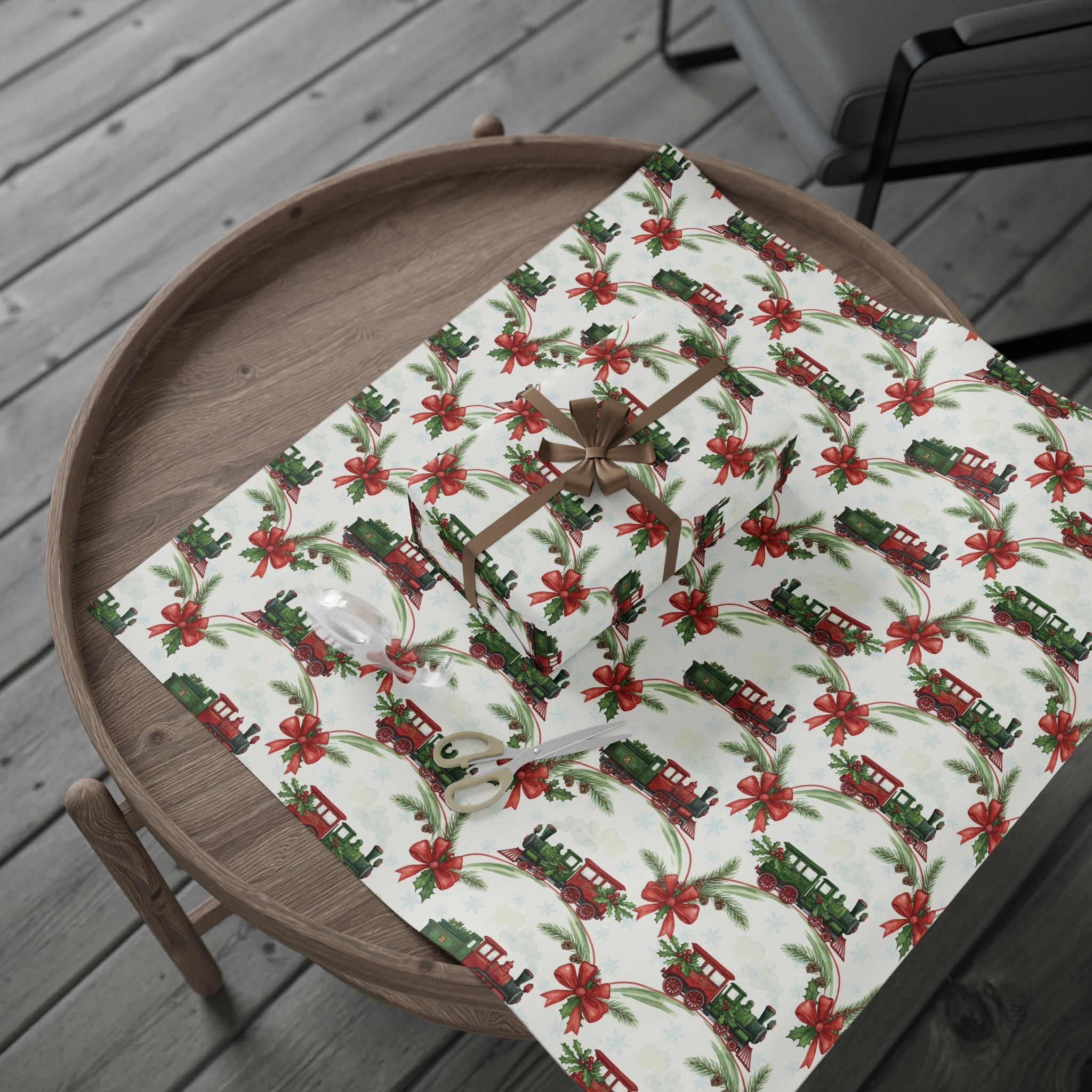 Vintage Christmas Train Wrapping Paper | Holiday Gift Wrap for Boys or Him | Classic Retro Xmas Paper | Festive Winter Train Theme