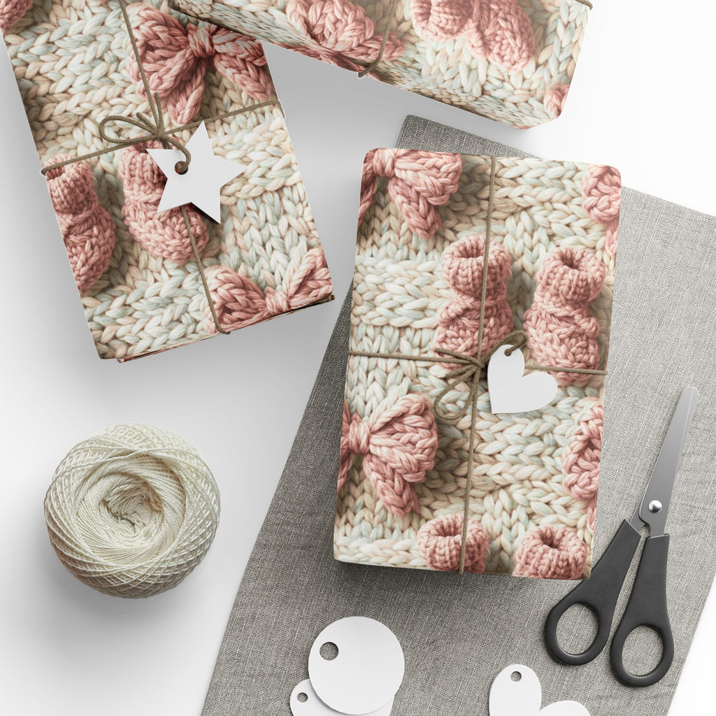 Knit Baby Shower Girl Wrapping Paper | Cozy Cable Knit Print