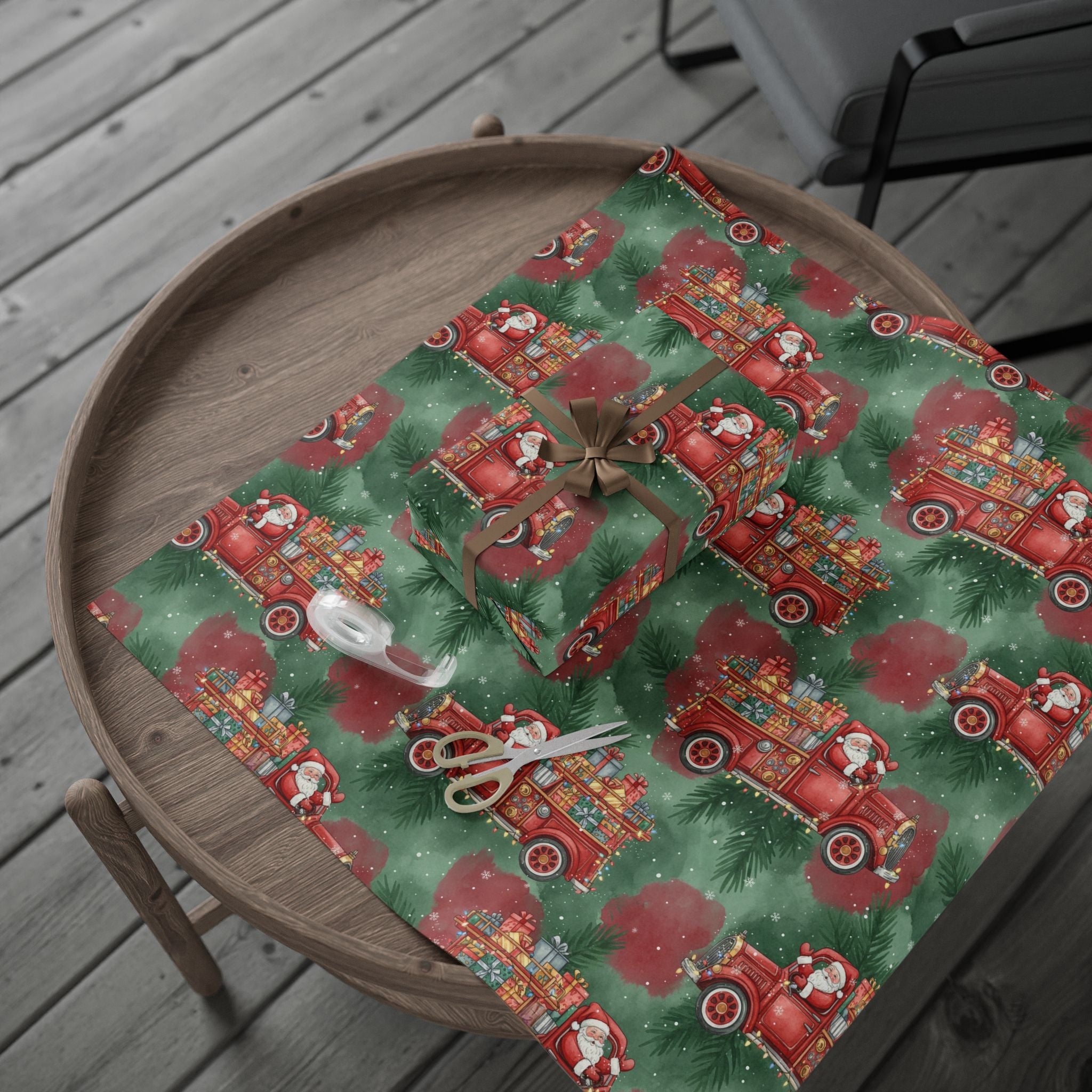 Wrapping Paper, Christmas Fire Truck Gift Wrap, Santa on Fire Engine Holiday Paper, Festive Xmas Gift Wrap, Decorative Present Wrap