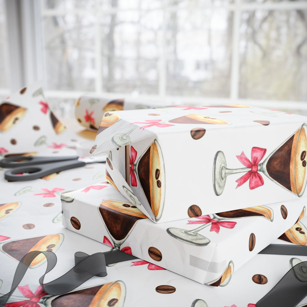 Espresso Martini Wrapping Paper with Pink Bows | Birthday Gift Wrap | Bridal Shower Wrap | Cocktail Party Paper | Girly Chic Gift Wrap