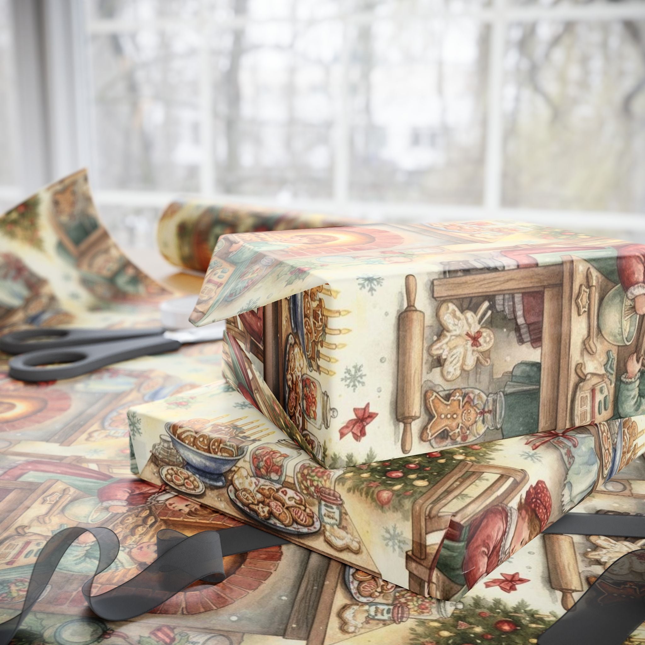 Vintage Kids Baking Cookies Wrapping Paper | Cute Christmas Gift Wrap | Retro Holiday Kitchen Theme | Nostalgic Xmas Paper | Festive Decor
