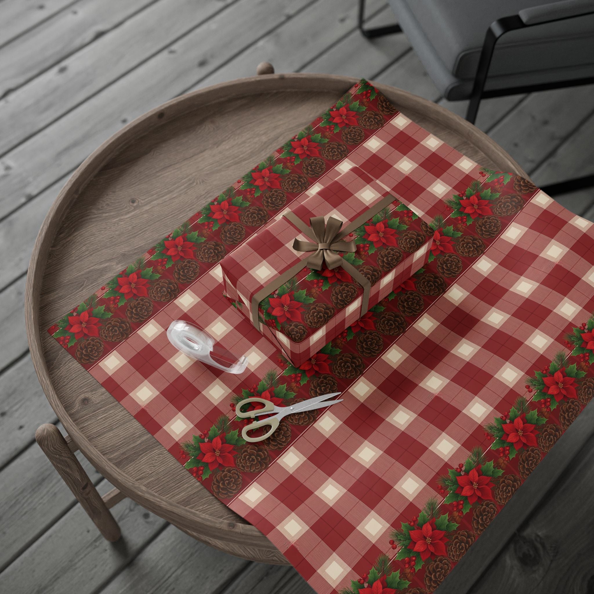Poinsettia Pinecone Plaid Wrapping Paper