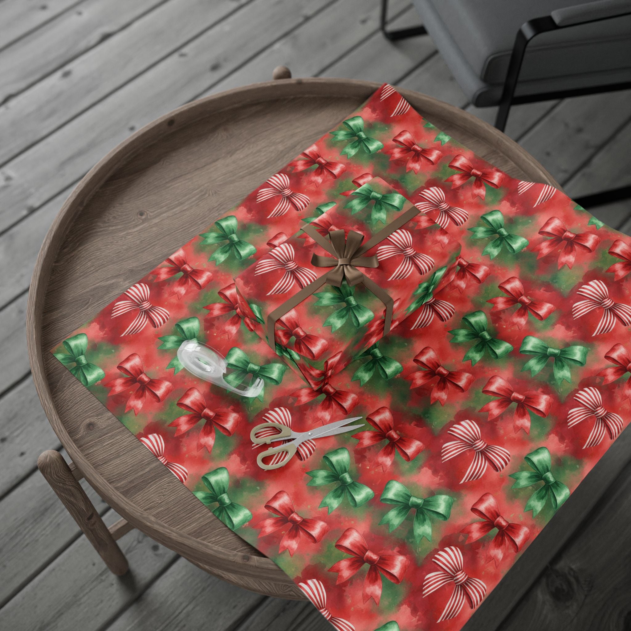 Christmas Wrapping Paper, Festive Red Green Bows Holiday Gift Wrap for Family Friends Teachers, Watercolor Design