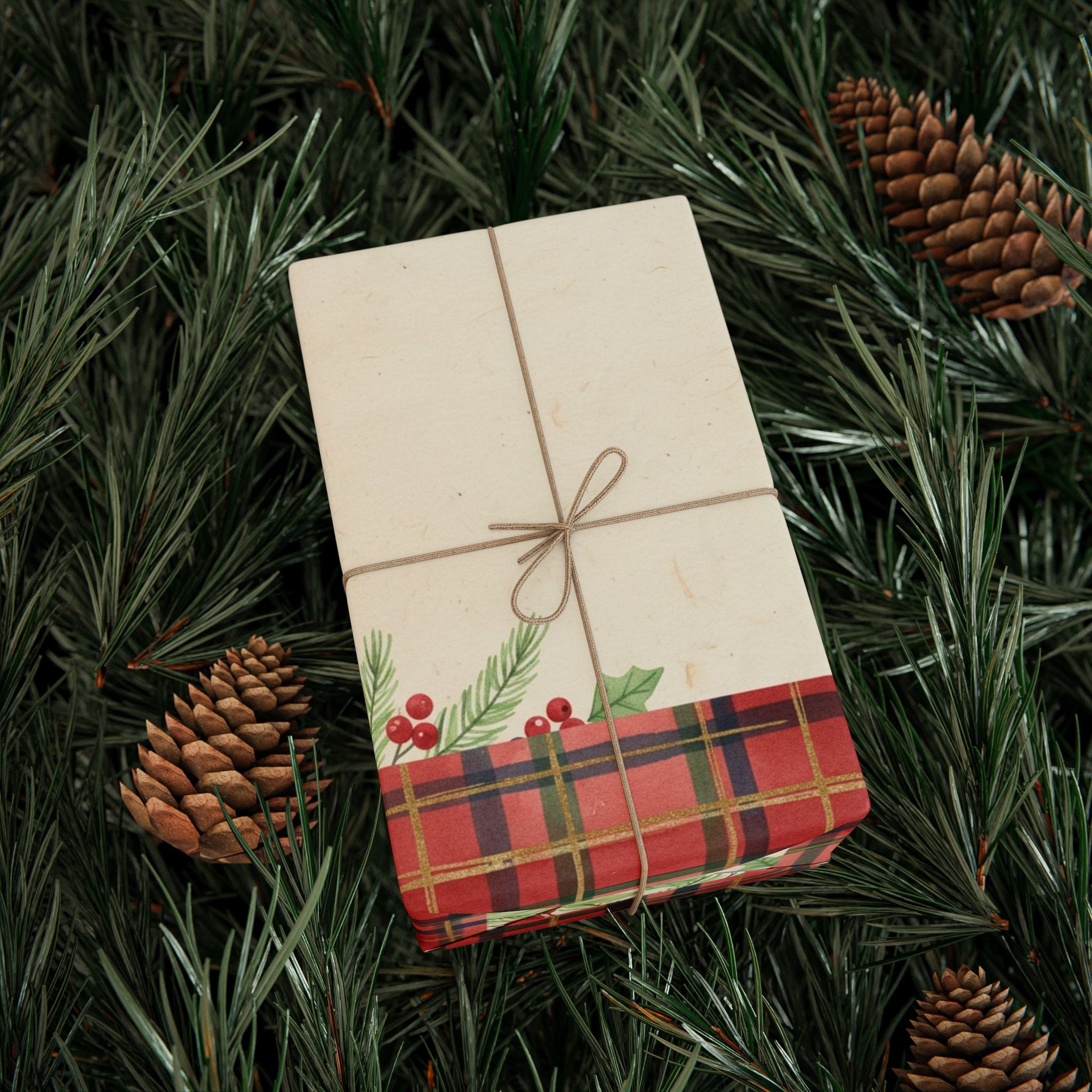 Red Tartan Plaid with Holly Wrapping Paper | Holiday Gift Wrap