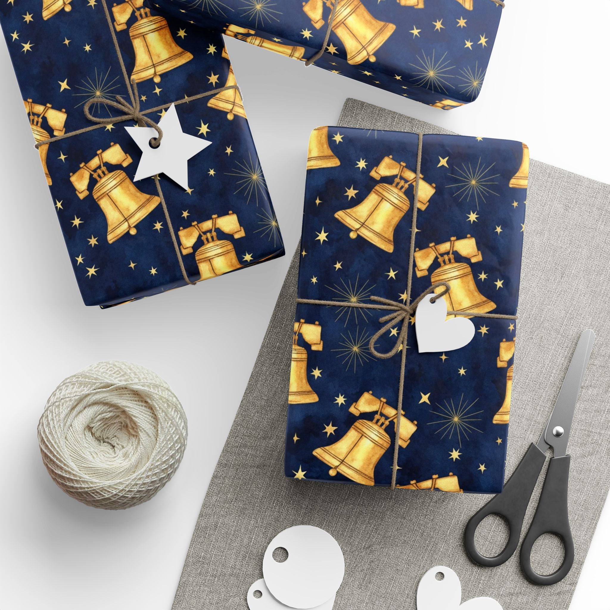 Golden Bells Pattern Wrapping Paper | Holiday Christmas Navy Star