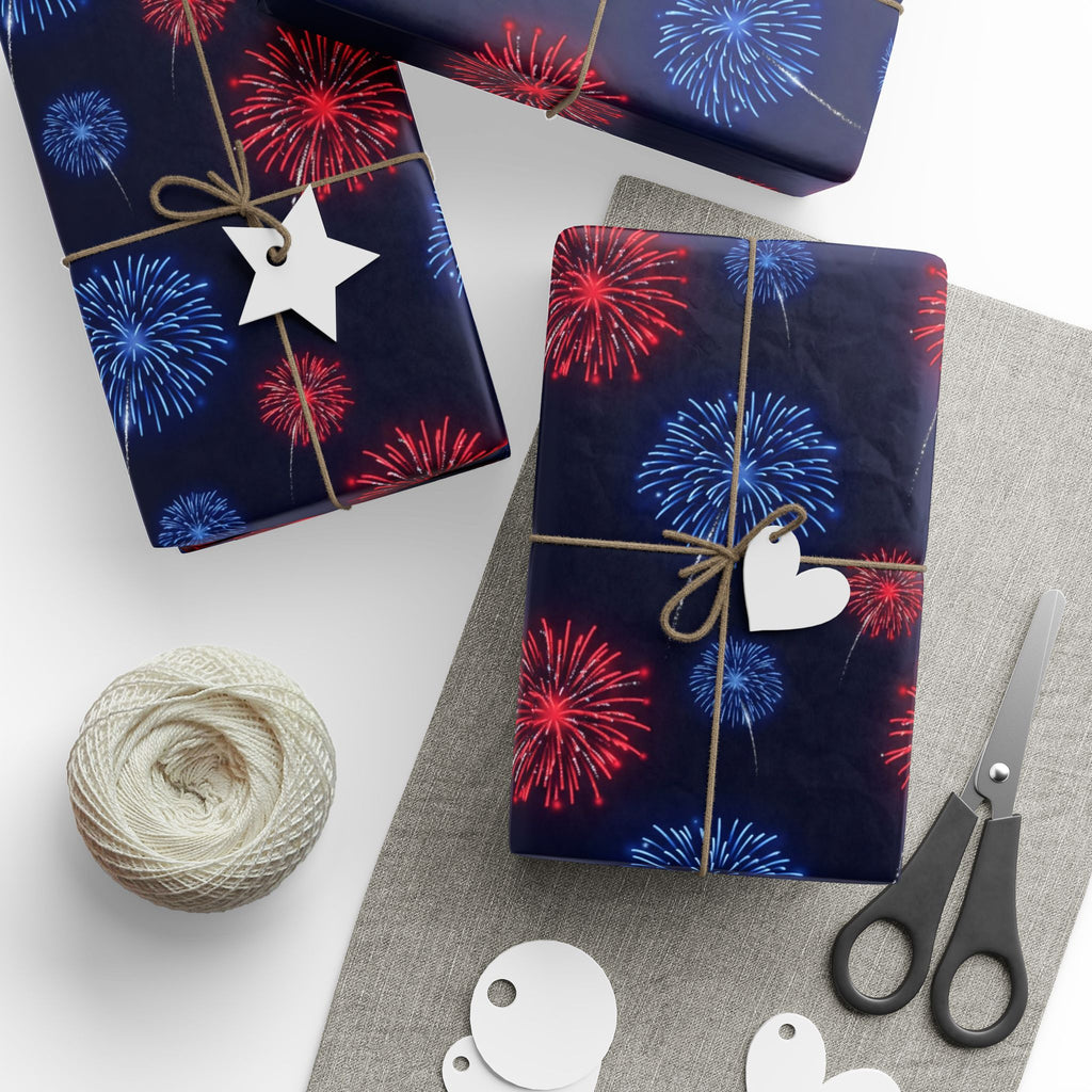 Red and Blue Fireworks Wrapping Paper | Patriotic Holiday Wrap
