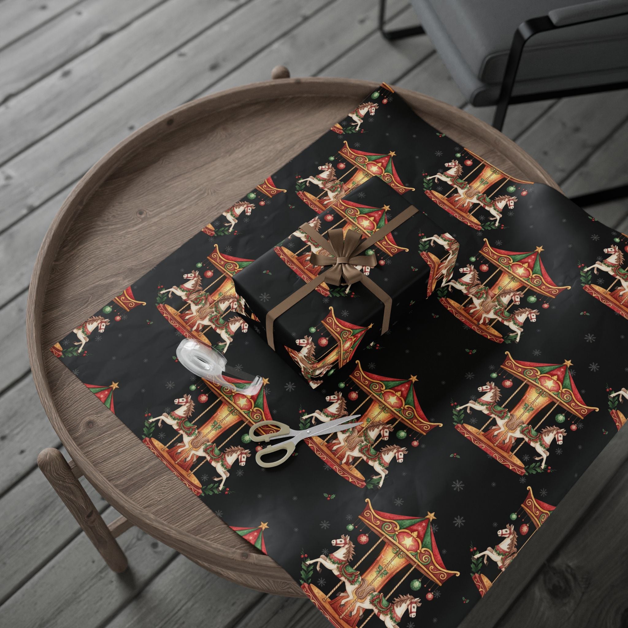 Gift Wrap Paper, Cute Holiday Present Decoration, Christmas Horse Carousel Wrapping Sheets, Festive Packaging, Xmas Craft Supplies