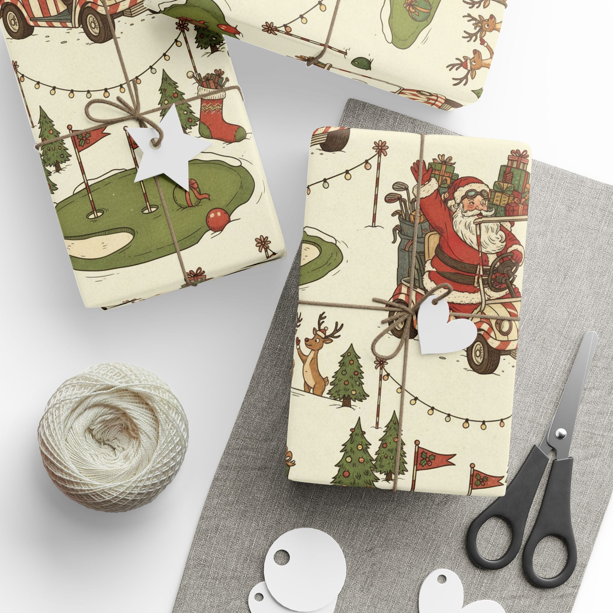 Wrapping Papers, Christmas Santa Golf Cart Pattern, Holiday Gift Wrap, Festive Seamless Design, Cheerful Vintage Style