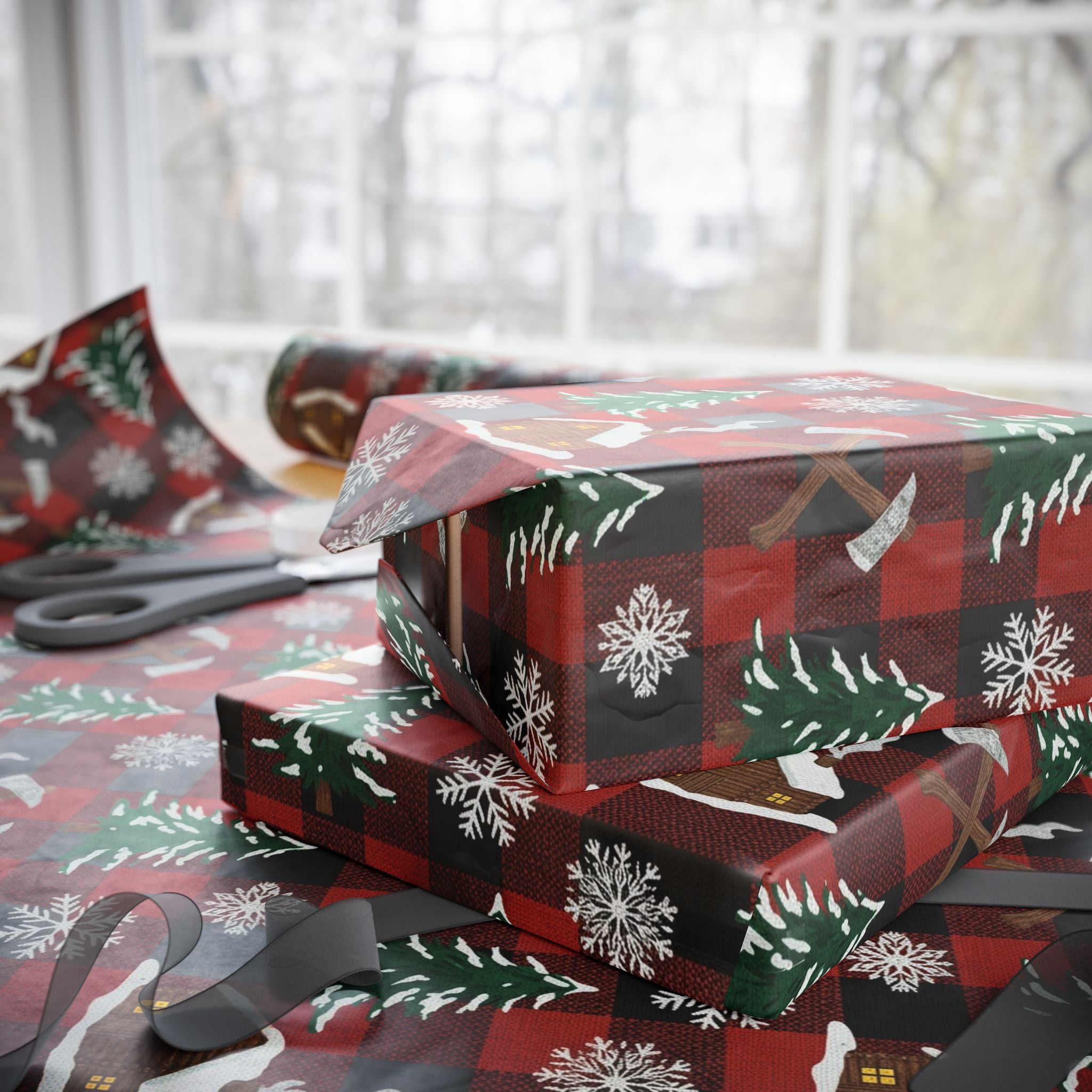 Wrapping Papers: Plaid Cabin Christmas Gift Wrap, Rustic Lumberjack Packaging, Winter Cozy Buffalo Check Paper, Holiday Axes