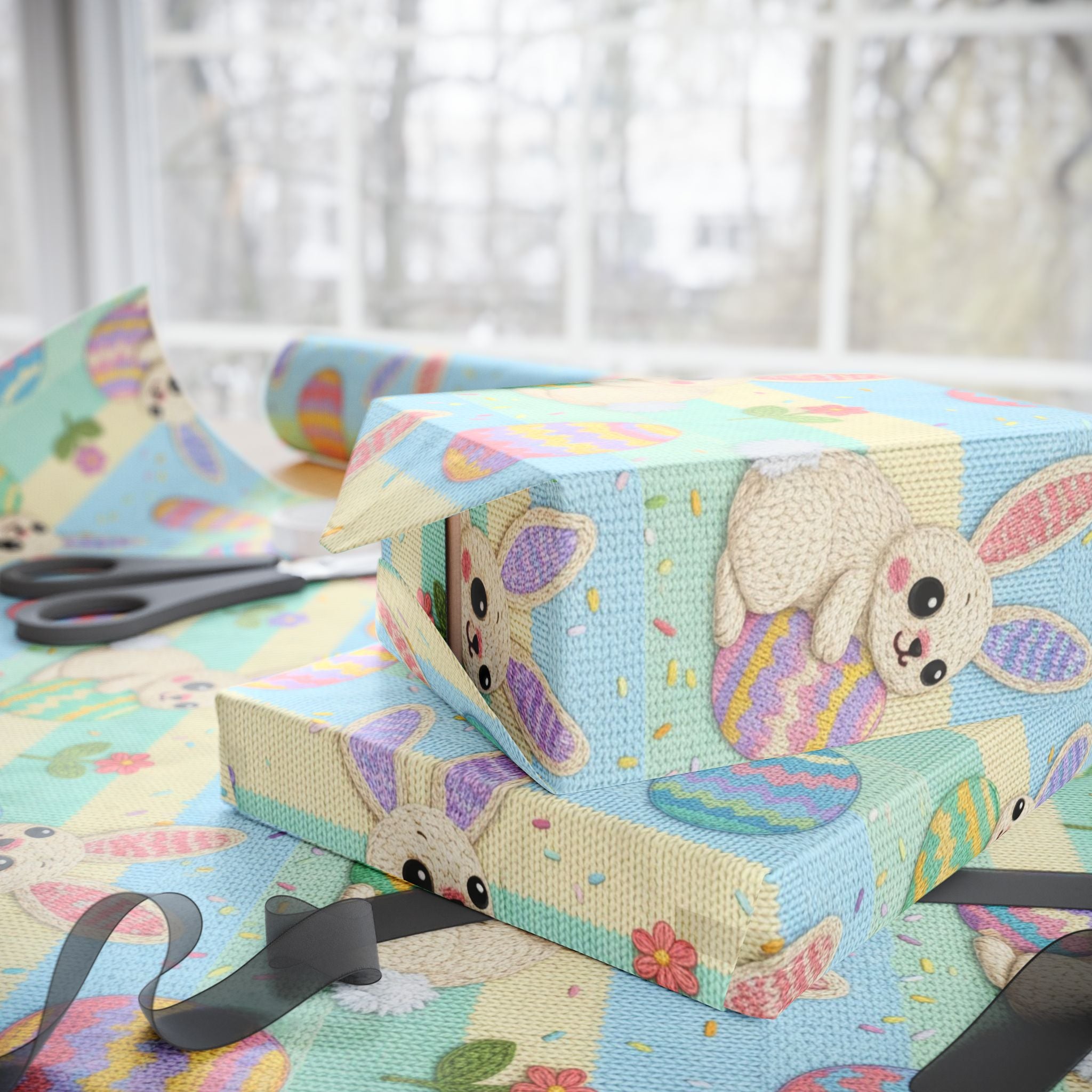 Cute Knit Easter Bunny Pattern Wrapping Paper | Pastel Egg Illustration