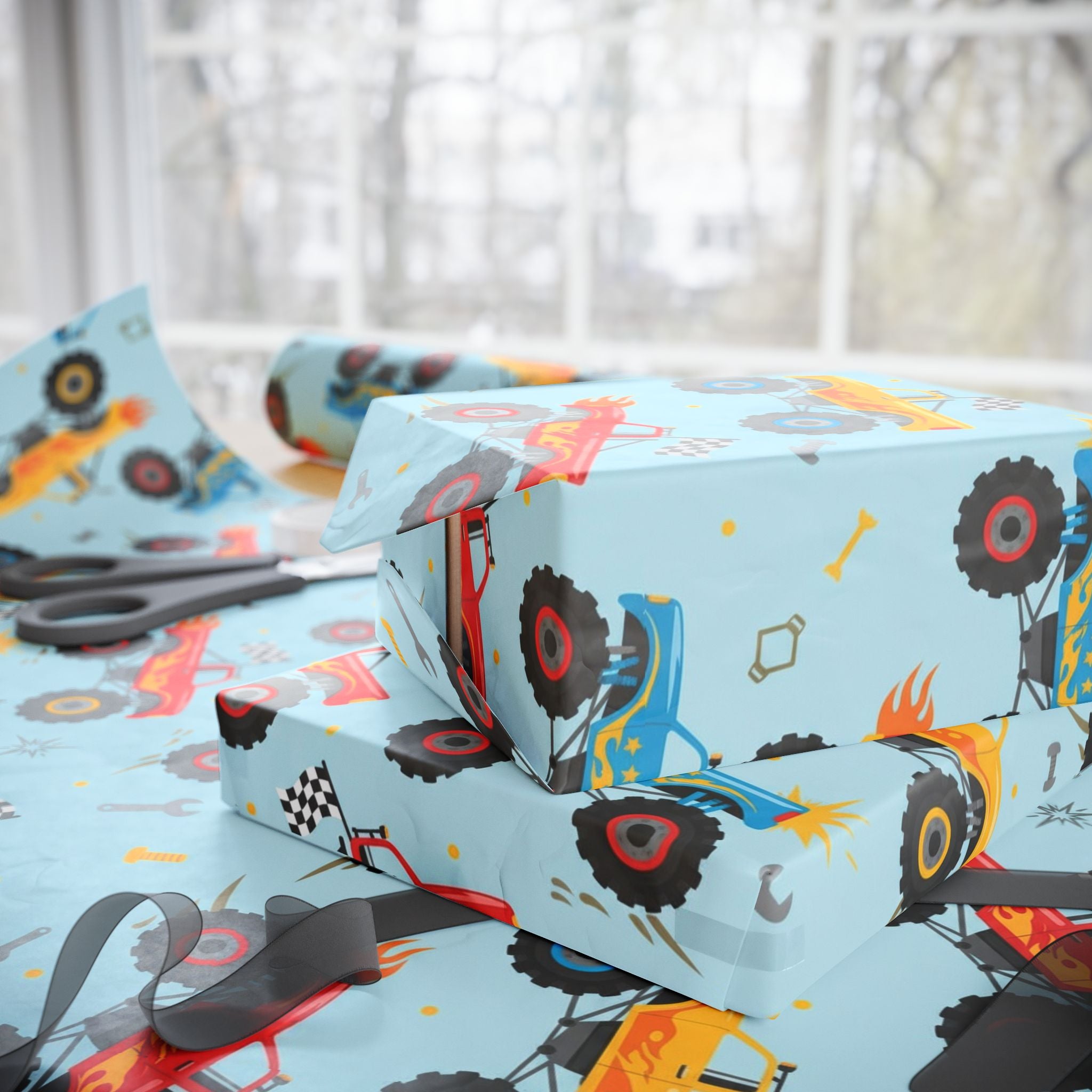 Birthday Wrapping Paper, Boys Monster Truck Gift Wrap, Kids Party Supplies, DIY Crafts, Present Packaging