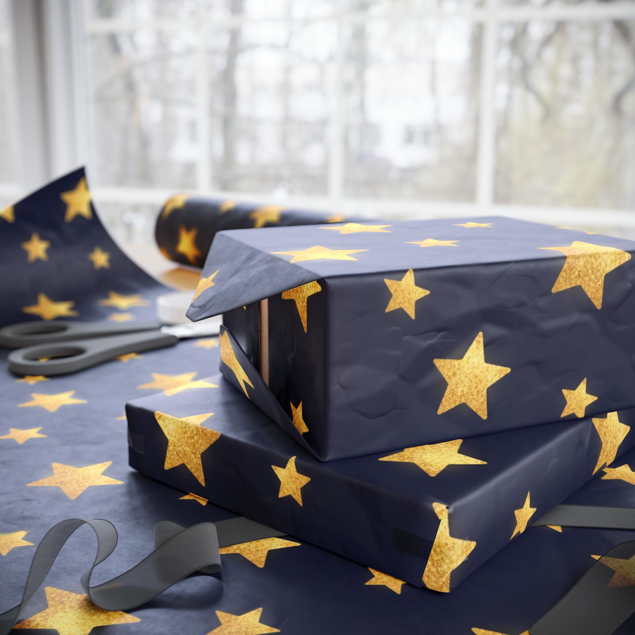 Gold Star Pattern Wrapping Paper | Navy Holiday Gift Wrap