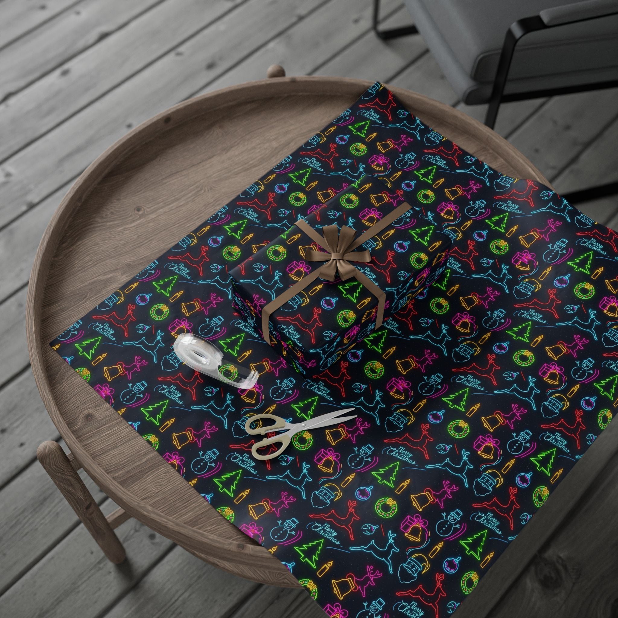 Black Neon Christmas Wrapping Paper | Trendy Teen Gift Wrap | Modern Holiday Paper | Bright Reindeer Wreath Candle  Festive Xmas Decor