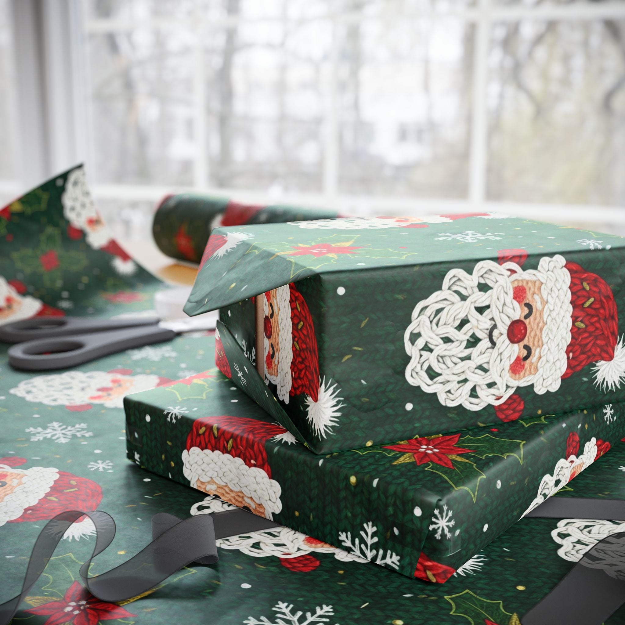 Knit Santa Claus Pattern Wrapping Paper | Christmas Holiday Gift Wrap Roll