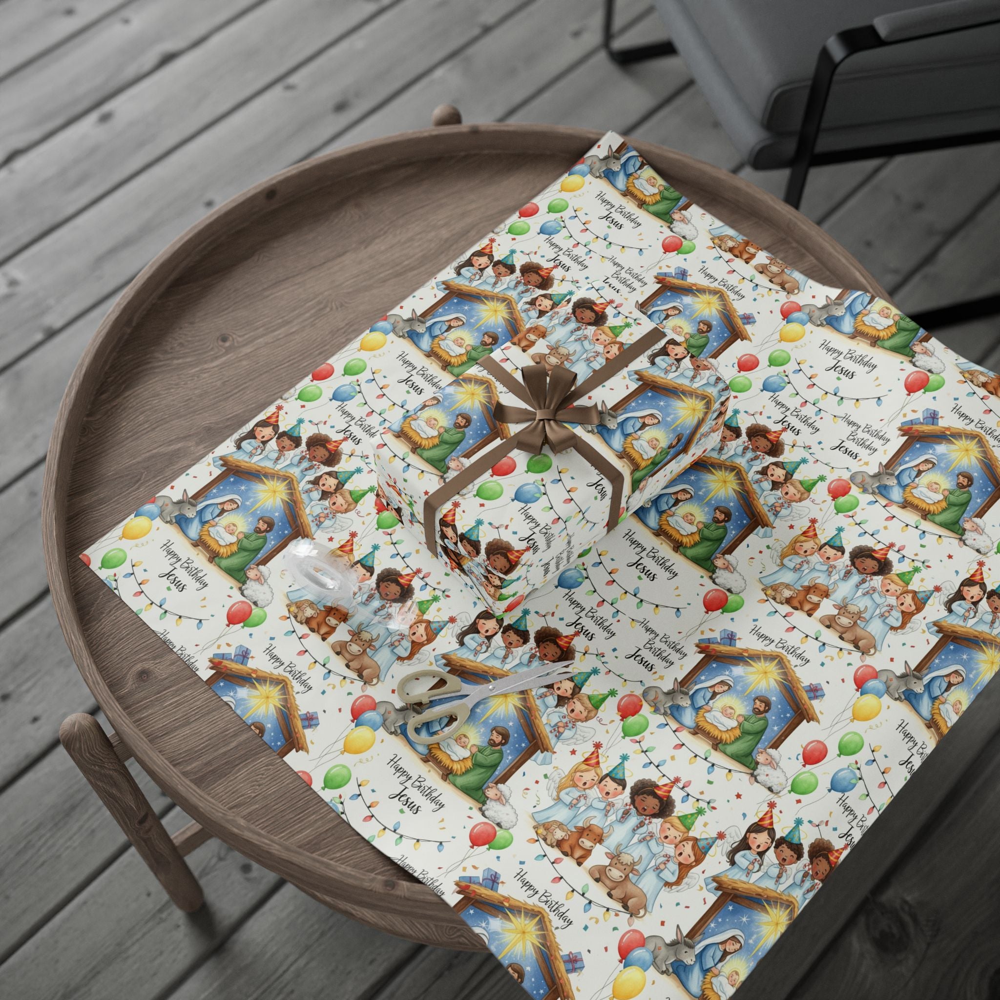 Christian Christmas Wrapping Paper featuring Baby Jesus in the Manger with Angels Singing and Birthday Hats Celebration