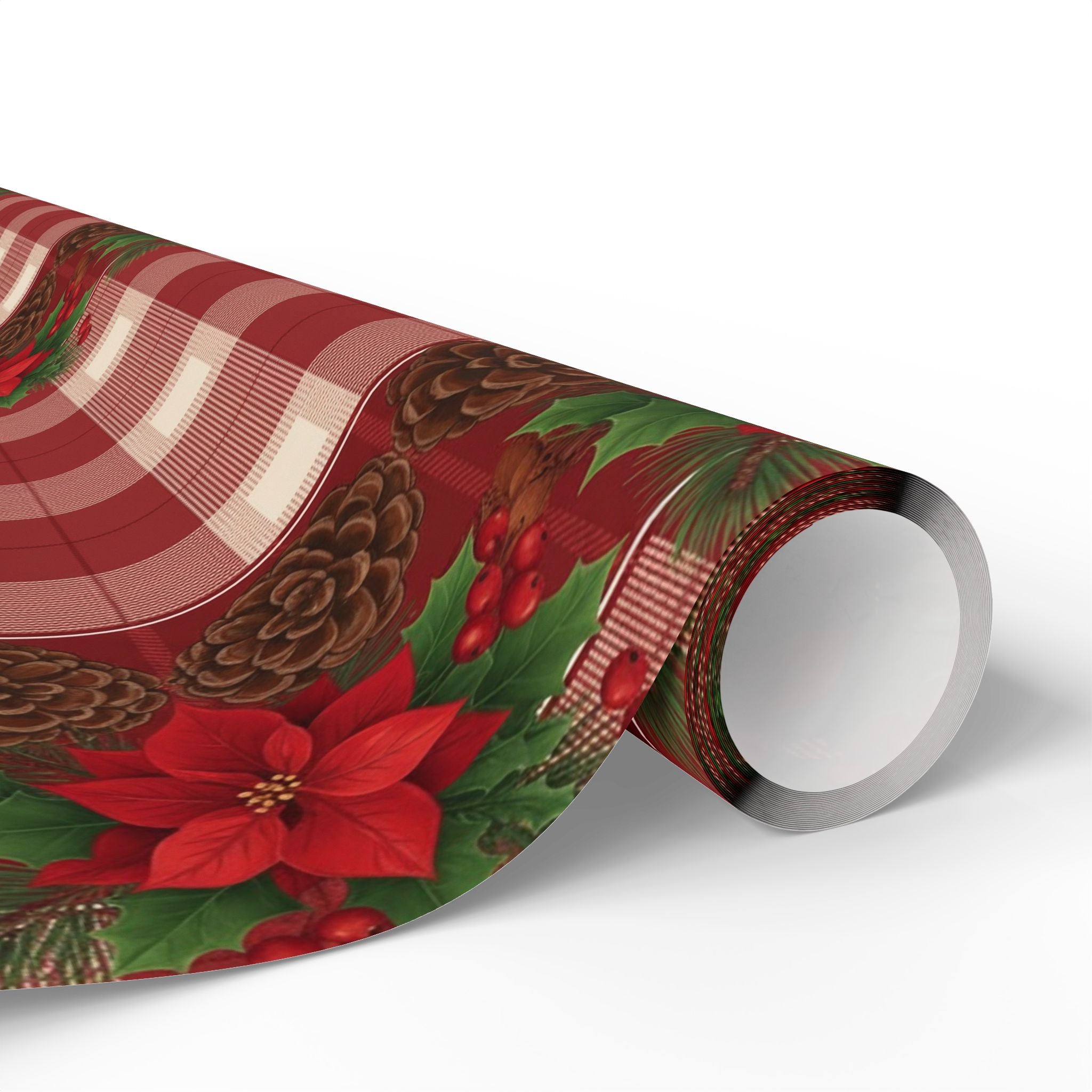 Poinsettia Pinecone Plaid Wrapping Paper