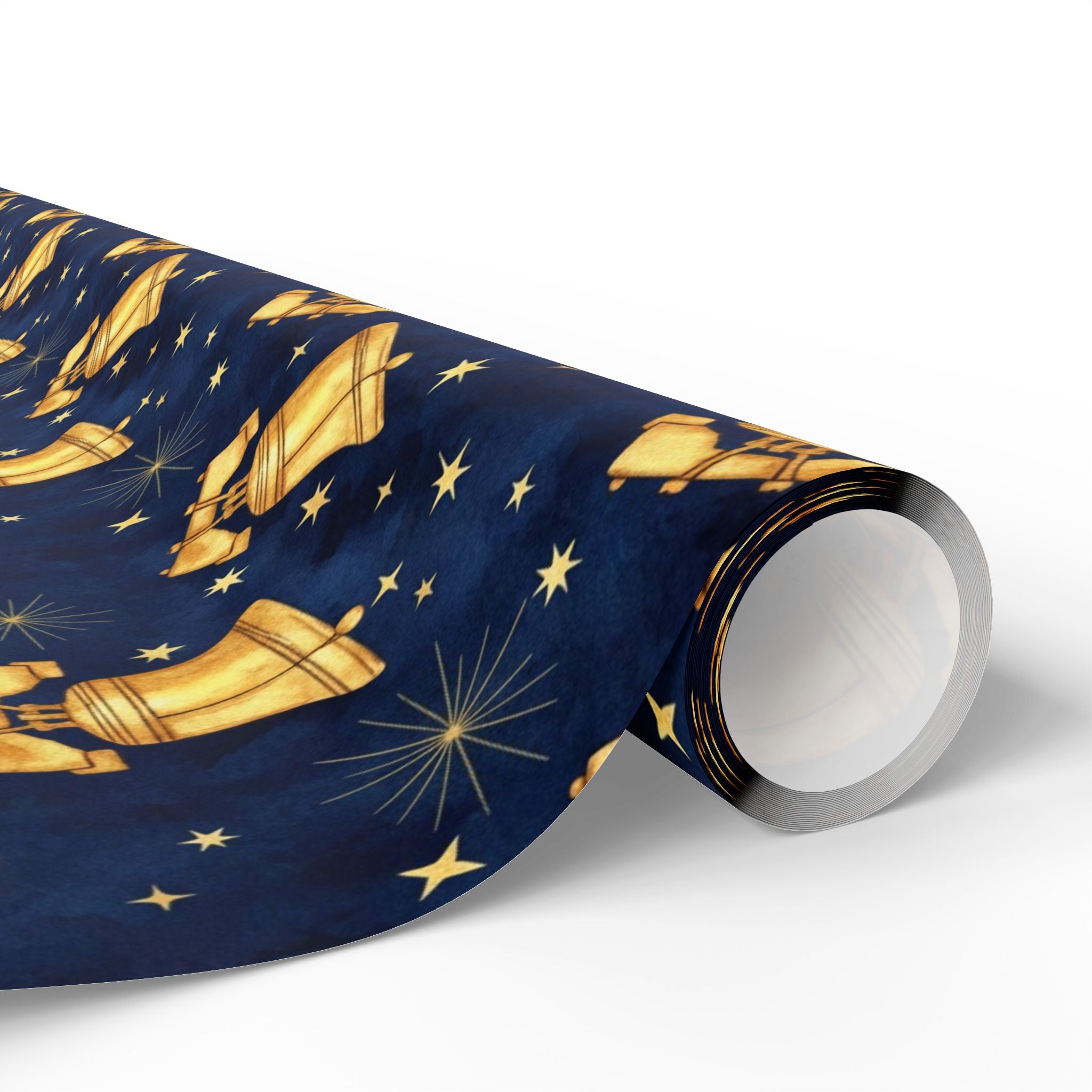 Golden Bells Pattern Wrapping Paper | Holiday Christmas Navy Star