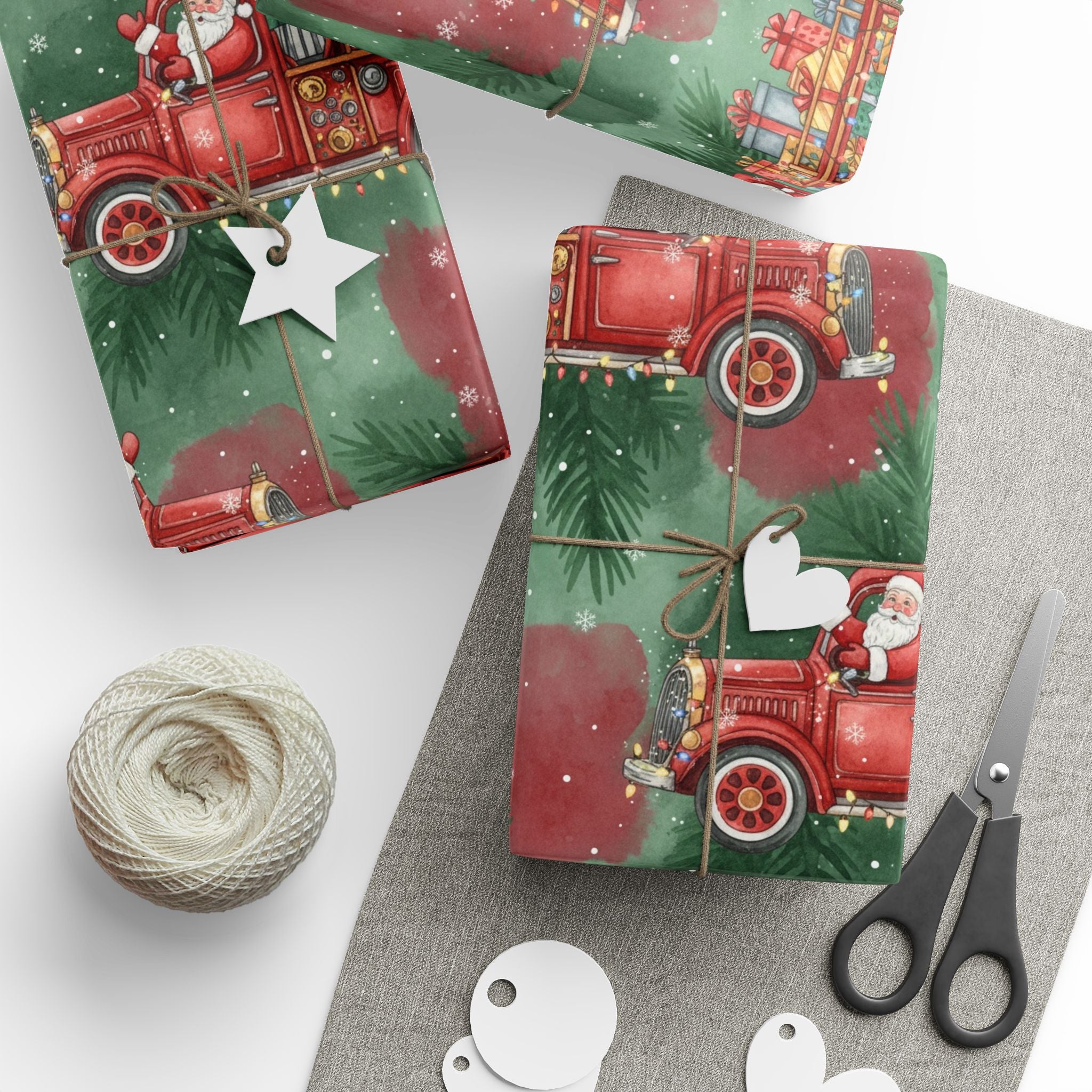 Wrapping Paper, Christmas Fire Truck Gift Wrap, Santa on Fire Engine Holiday Paper, Festive Xmas Gift Wrap, Decorative Present Wrap