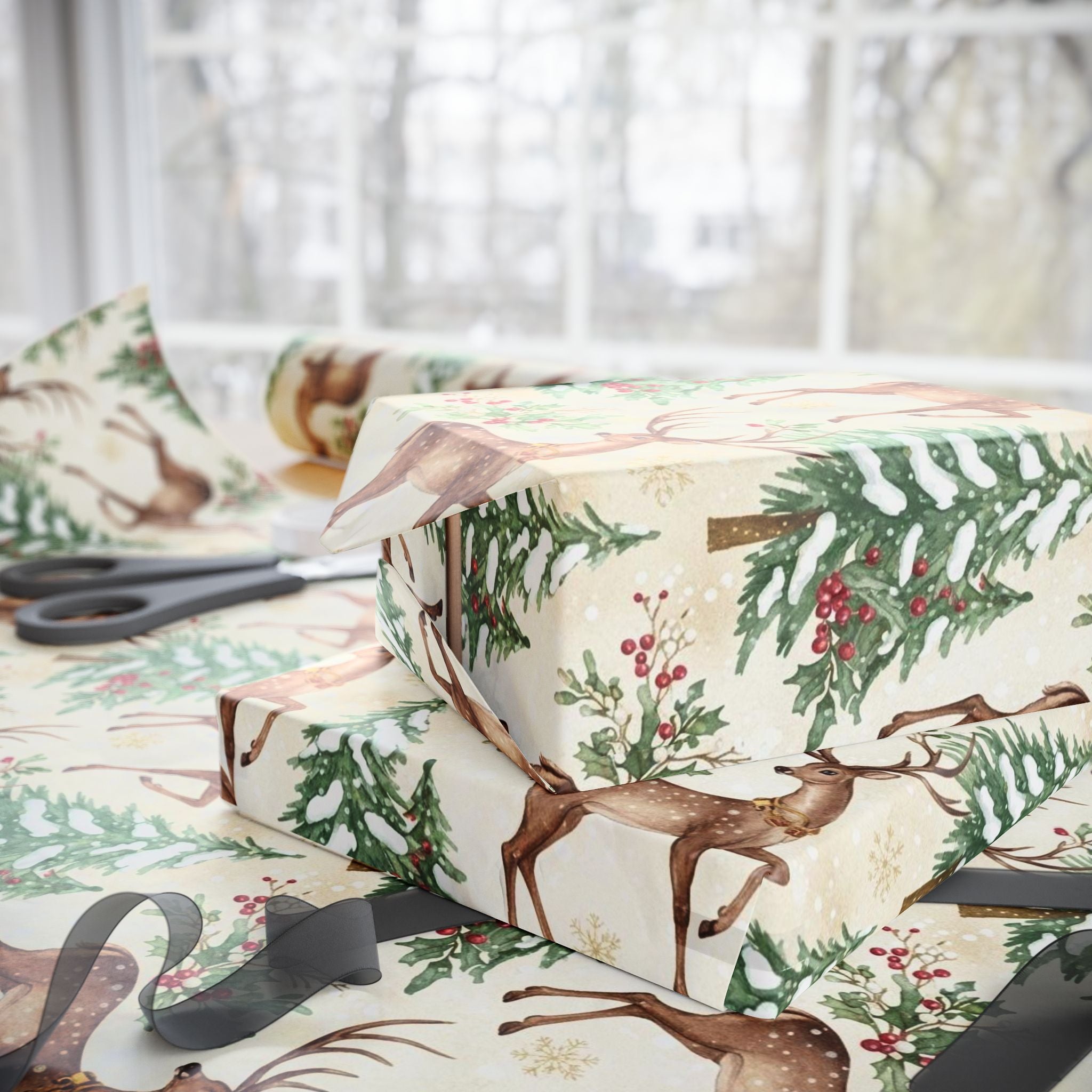 Vintage Christmas Deer Wrapping Papers, Holiday Gift Wrap, Traditional Christmas Style, Festive Craft Paper, Nostalgic Holiday Decor