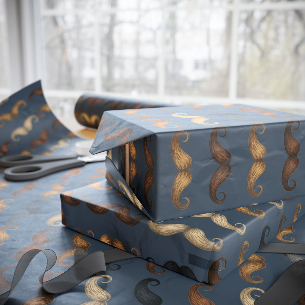 Curly Mustache Pattern Wrapping Paper | Blue Grooming Print