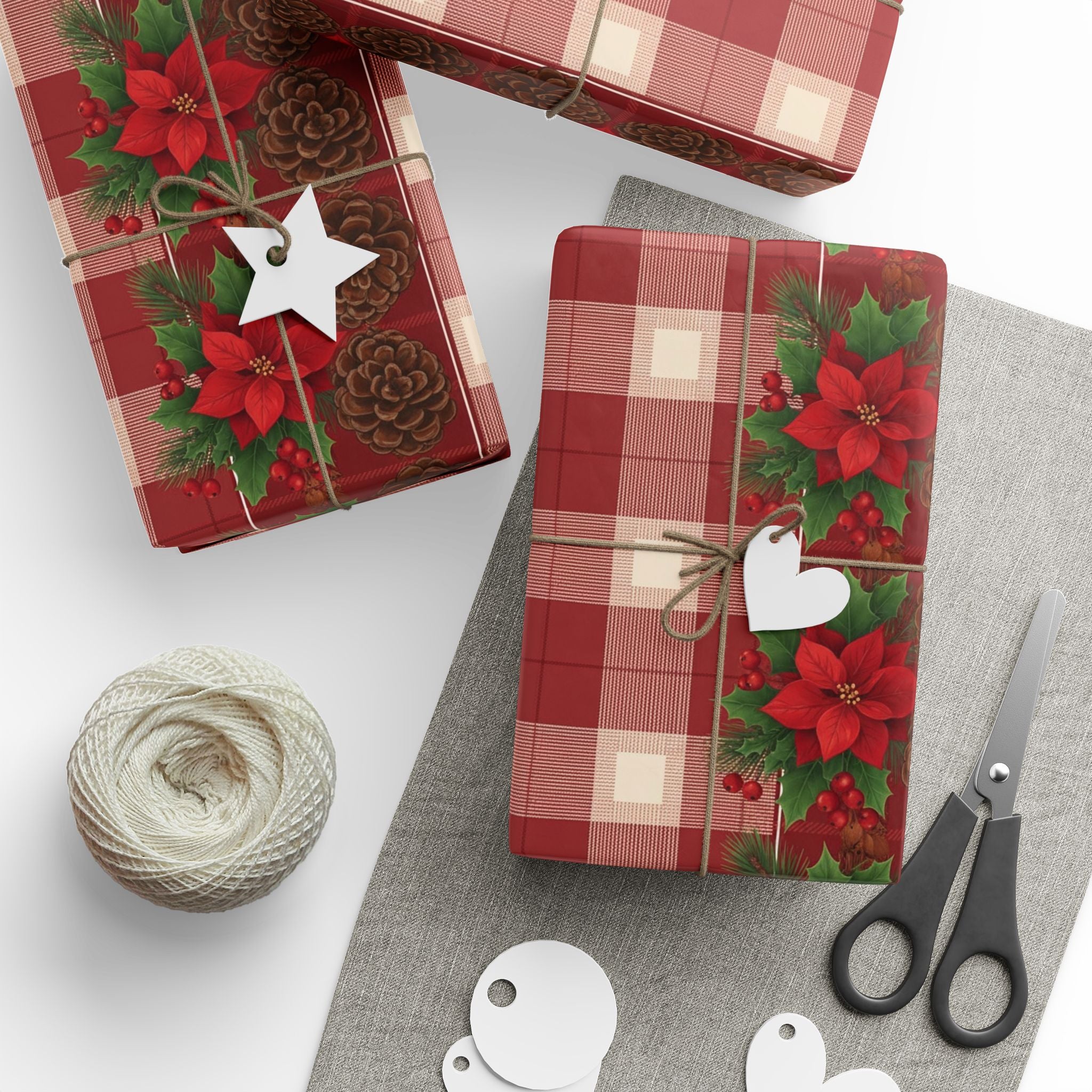 Poinsettia Pinecone Plaid Wrapping Paper