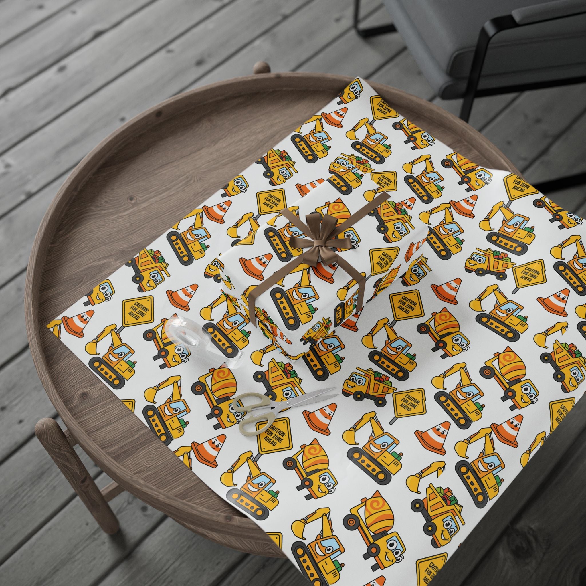 Construction Birthday Wrapping Papers, Dump Truck Digger Cement Mixer Yellow Orange Gift Wrap, Kids Party Supplies, Building Site Theme,