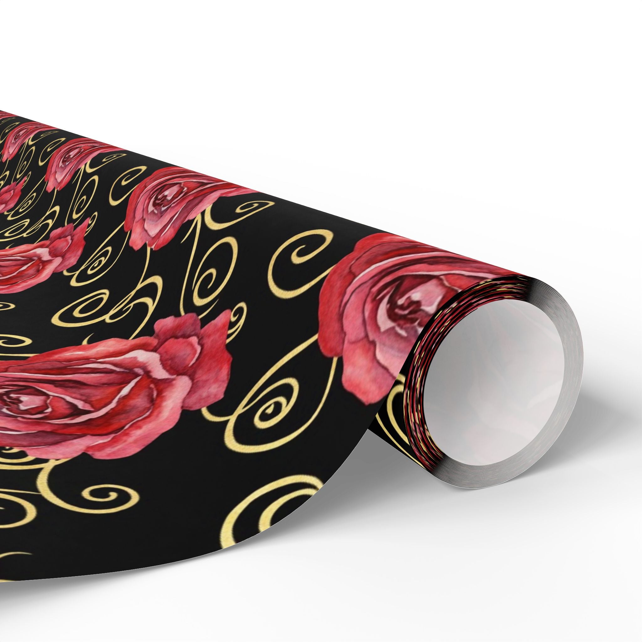 Red Rose Swirl Wrapping Paper | Floral Gift Wrap, Black & Gold