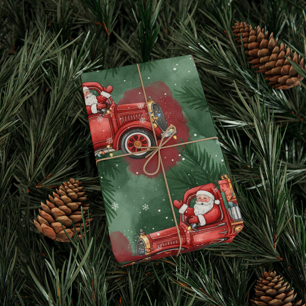 Wrapping Paper, Christmas Fire Truck Gift Wrap, Santa on Fire Engine Holiday Paper, Festive Xmas Gift Wrap, Decorative Present Wrap