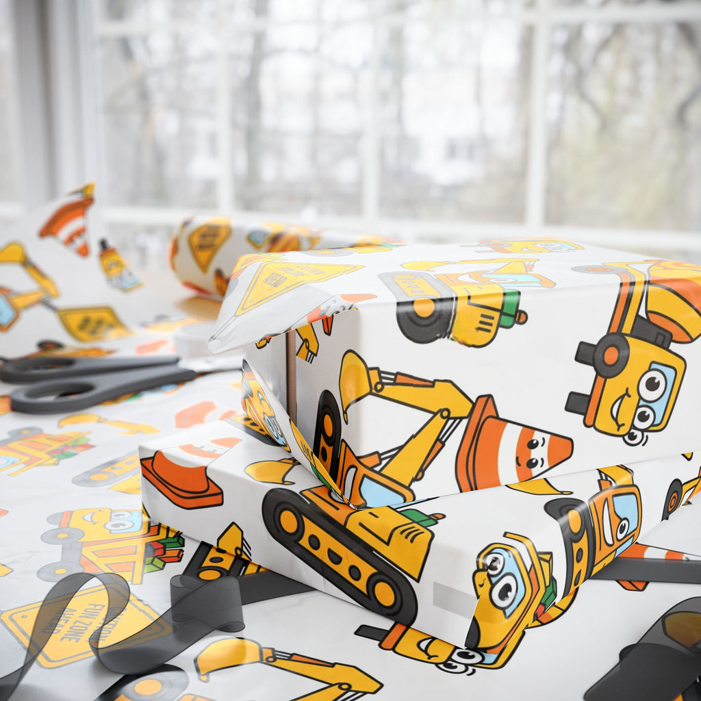 Construction Birthday Wrapping Papers, Dump Truck Digger Cement Mixer Yellow Orange Gift Wrap, Kids Party Supplies, Building Site Theme,
