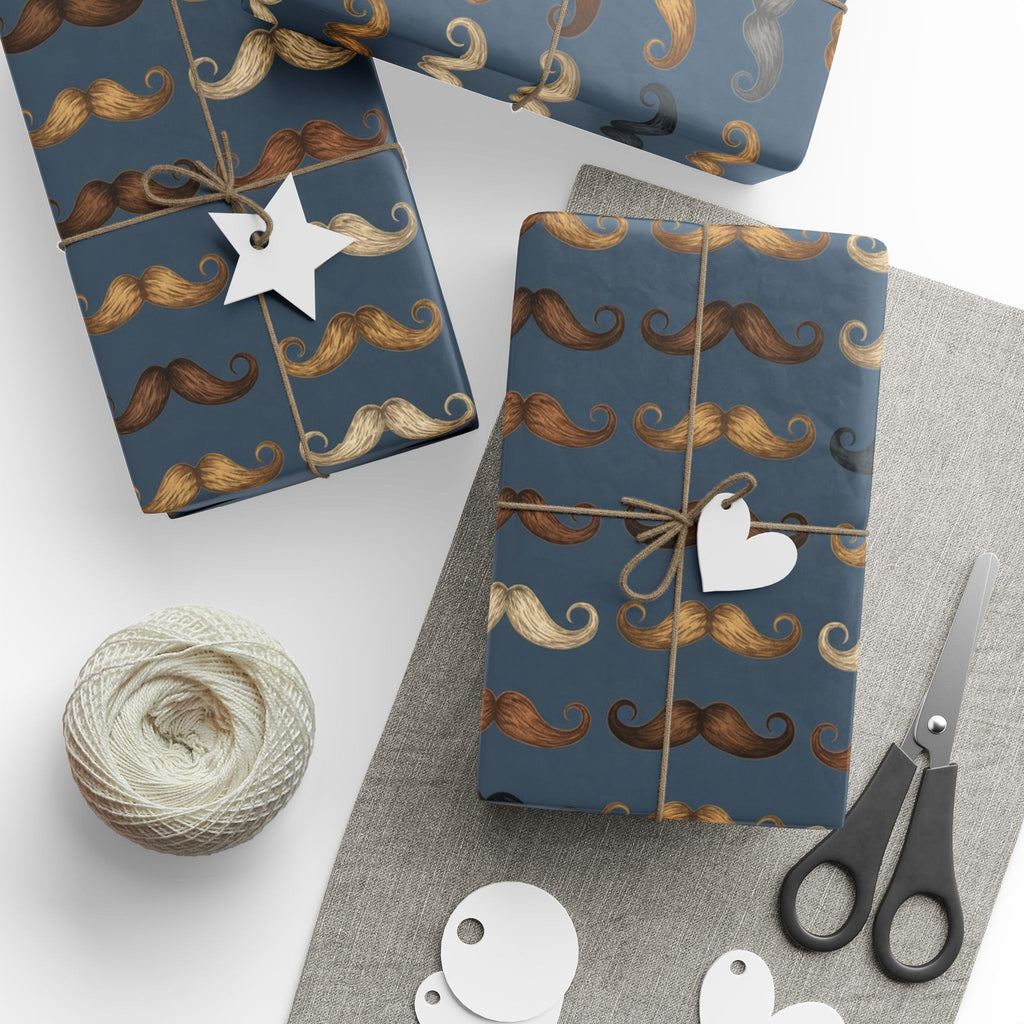 Curly Mustache Pattern Wrapping Paper | Blue Grooming Print