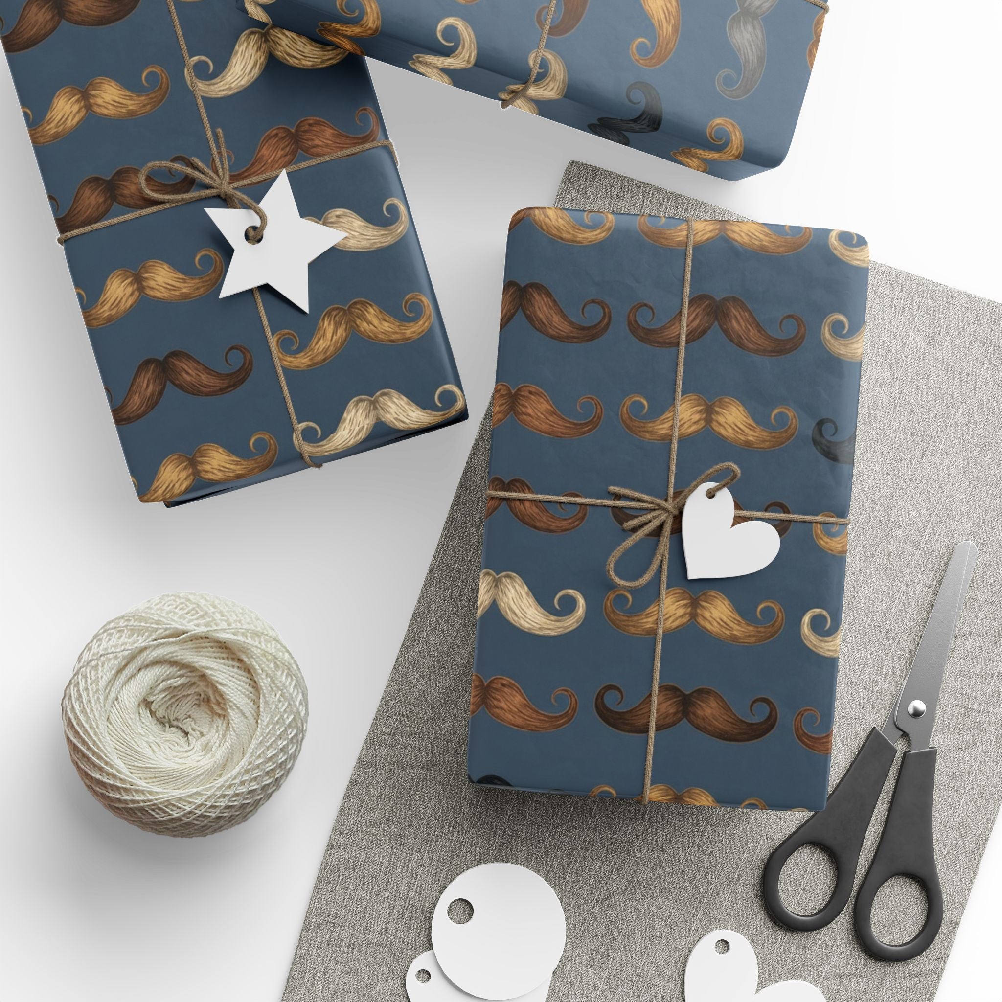 Curly Mustache Pattern Wrapping Paper | Blue Grooming Print