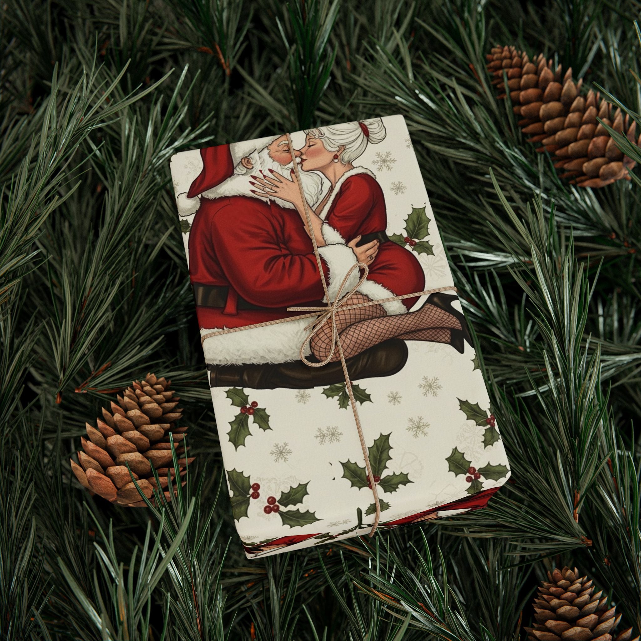 Kissing Santa & Mrs. Claus Under the Tree — Christmas Wrapping Paper