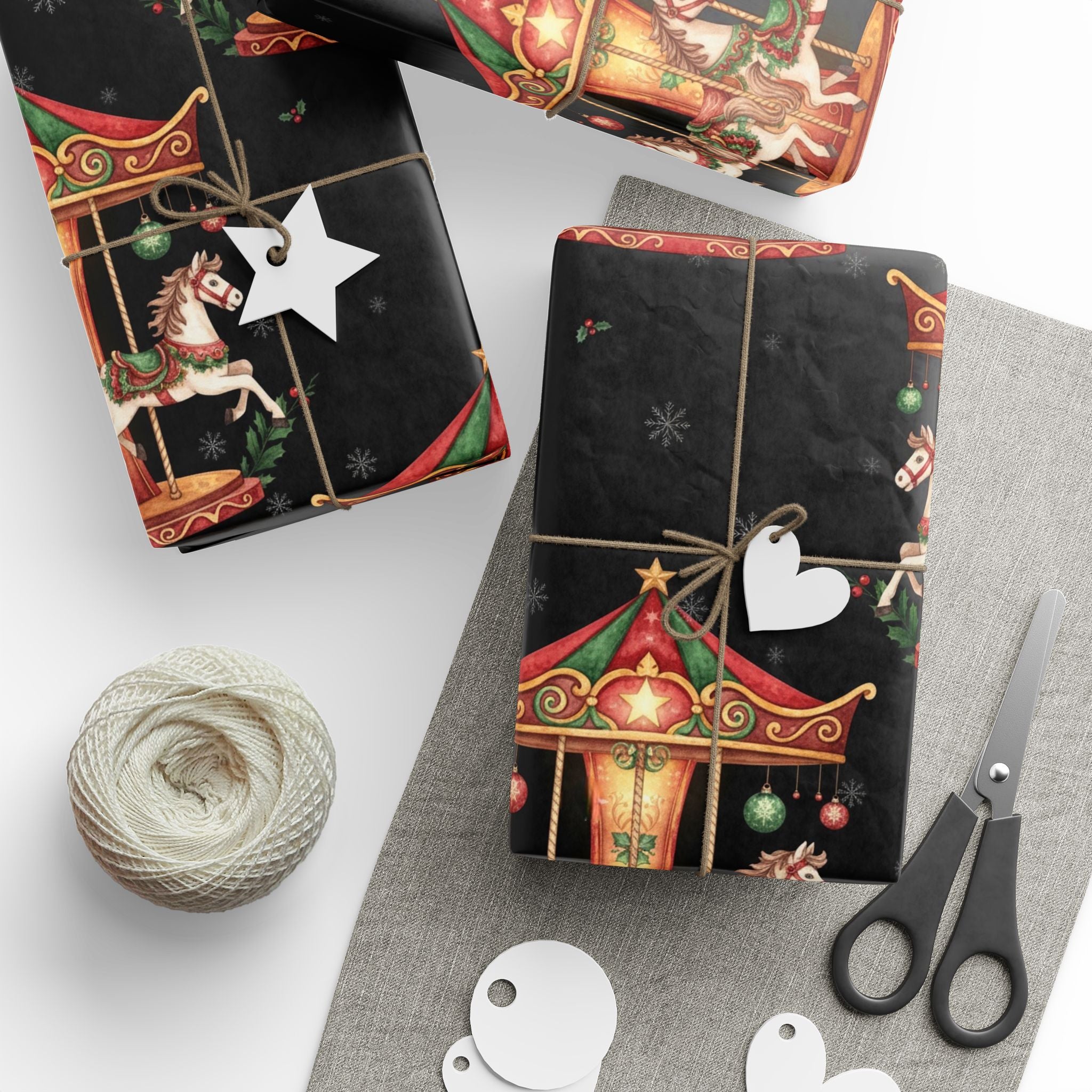 Gift Wrap Paper, Cute Holiday Present Decoration, Christmas Horse Carousel Wrapping Sheets, Festive Packaging, Xmas Craft Supplies