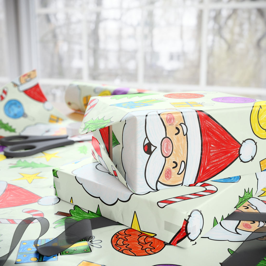 Kids Scribble Santa Wrapping Paper, Cute Christmas Gift Wrap with Childlike Coloring of Santa and Presents, Fun Holiday Kids Gift Paper