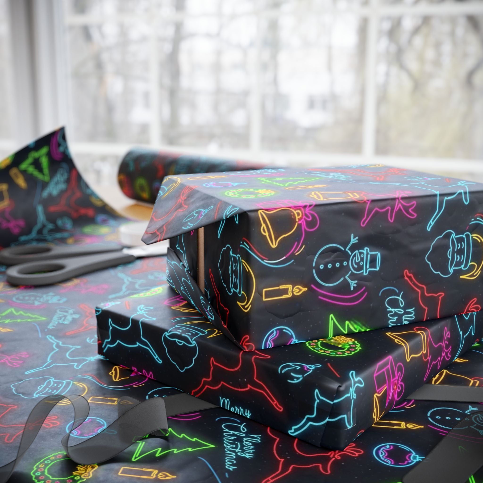Black Neon Christmas Wrapping Paper | Trendy Teen Gift Wrap | Modern Holiday Paper | Bright Reindeer Wreath Candle  Festive Xmas Decor