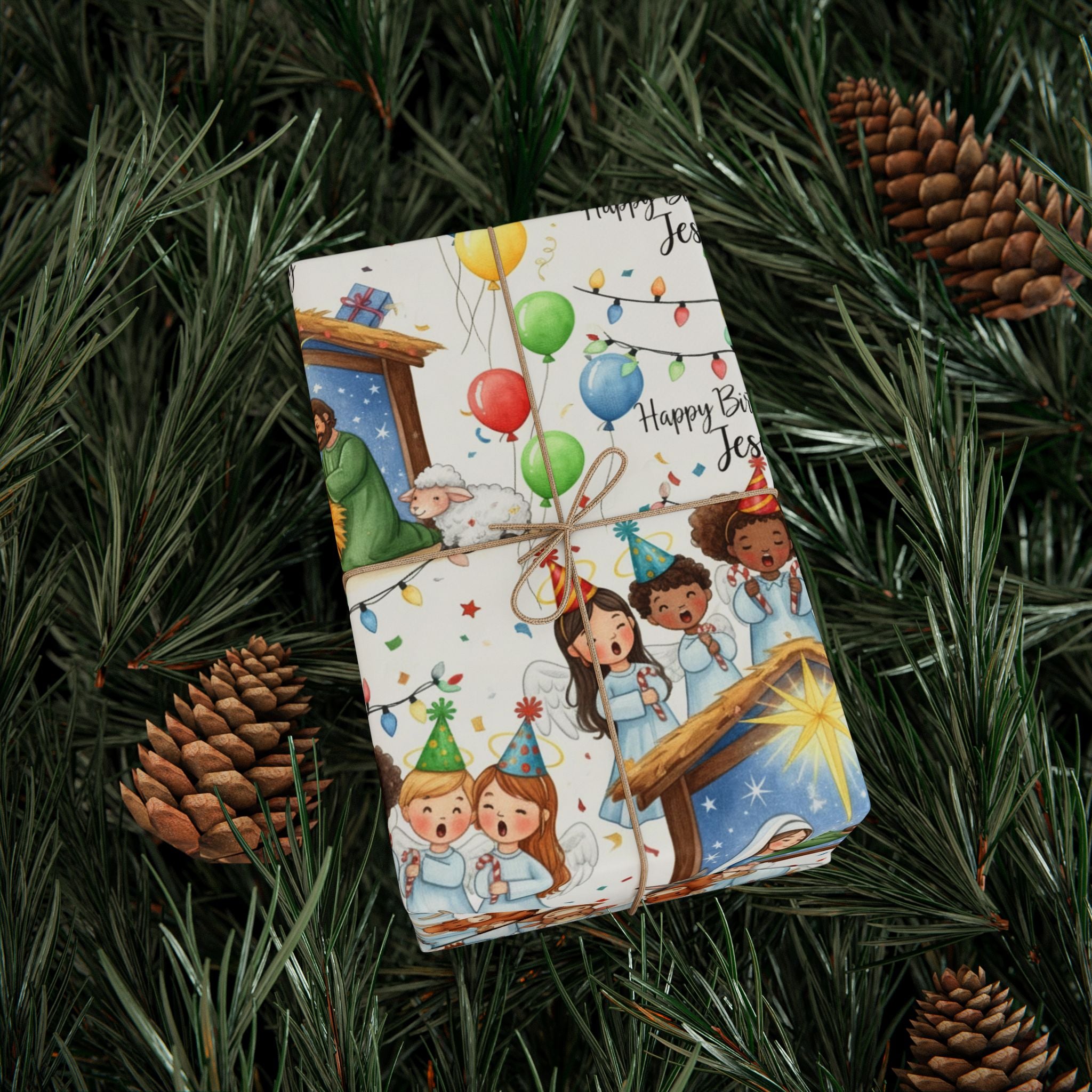Christian Christmas Wrapping Paper featuring Baby Jesus in the Manger with Angels Singing and Birthday Hats Celebration
