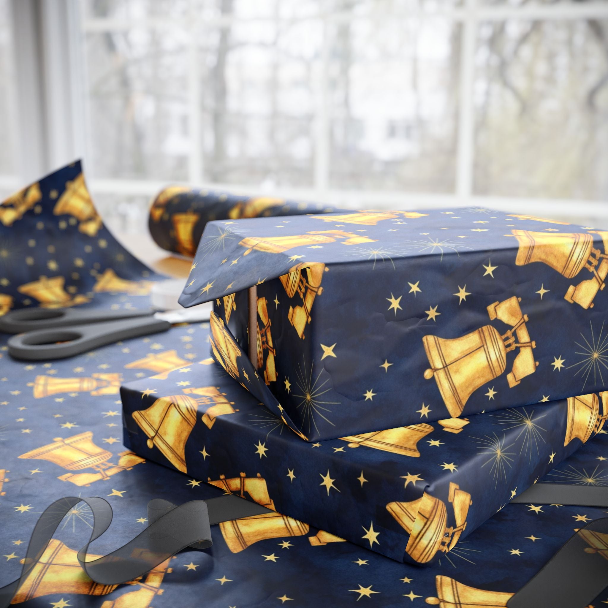 Golden Bells Pattern Wrapping Paper | Holiday Christmas Navy Star