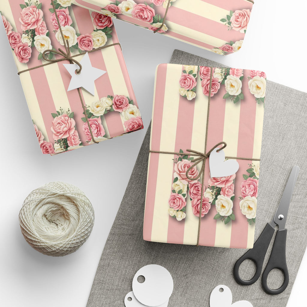 Vintage Rose Stripes Wrapping Paper | Floral Gift Wrap Rolls | Mother's Day