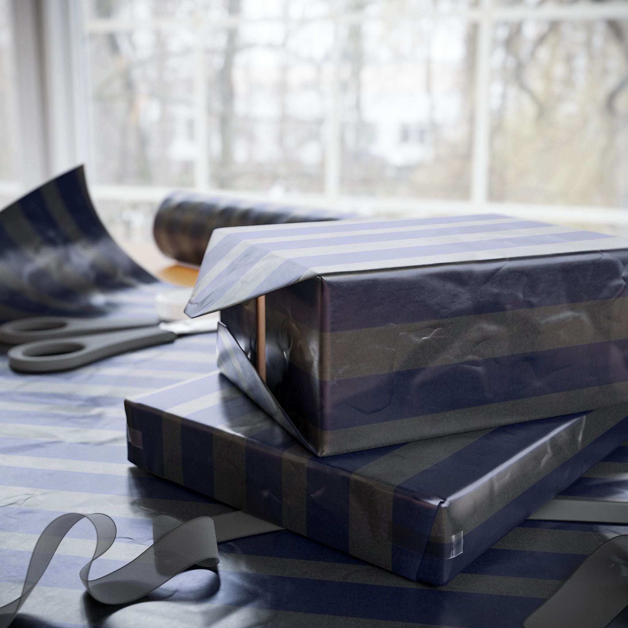 Navy and Charcoal Vertical Stripe Wrapping Paper | Matte Gift Wrap