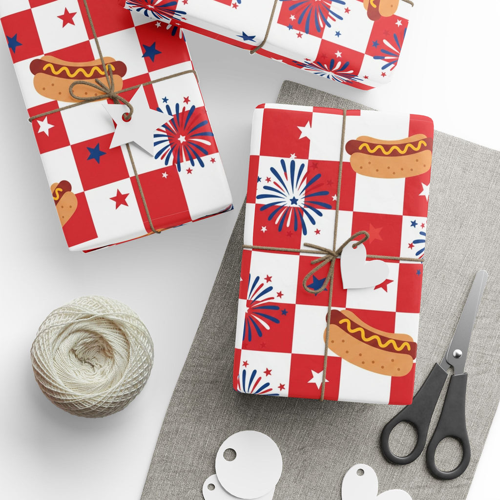Hot Dog & Fireworks Wrapping Paper | Patriotic 4th of July Checkered Pattern