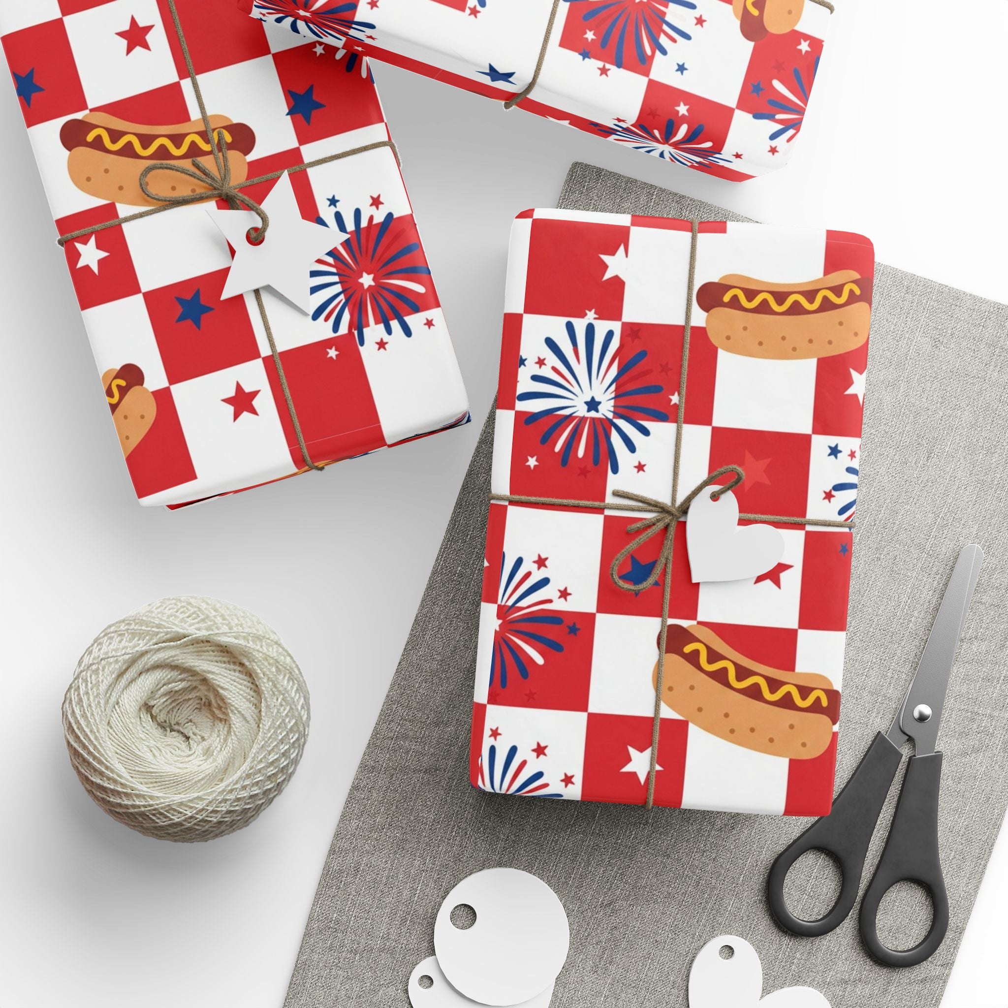 Hot Dog & Fireworks Wrapping Paper | Patriotic 4th of July Checkered Pattern