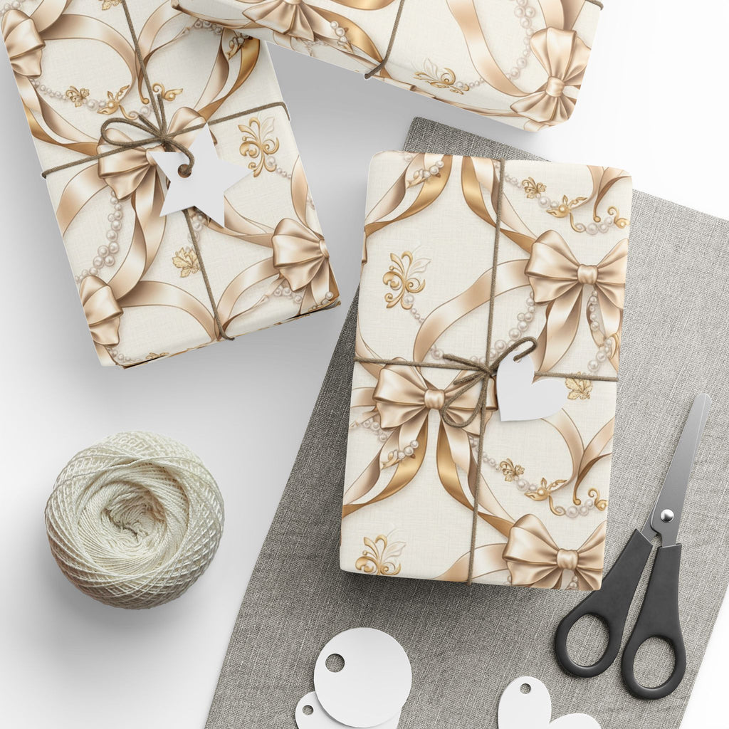 Pretty Gold Bows & Pearls Wrapping Papers, Elegant Gift Wrap for Her, Birthday Bridal Shower Bachelorette Party Supplies, Luxury Present