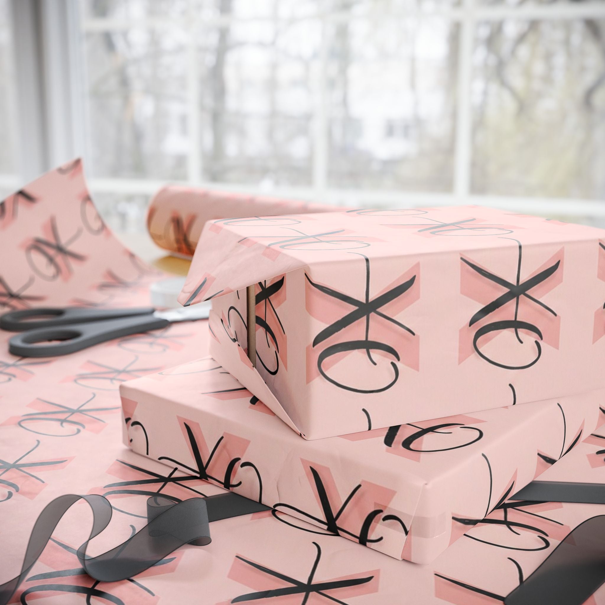 XO Pattern Wrapping Paper | Pink Script Heart Love Paper