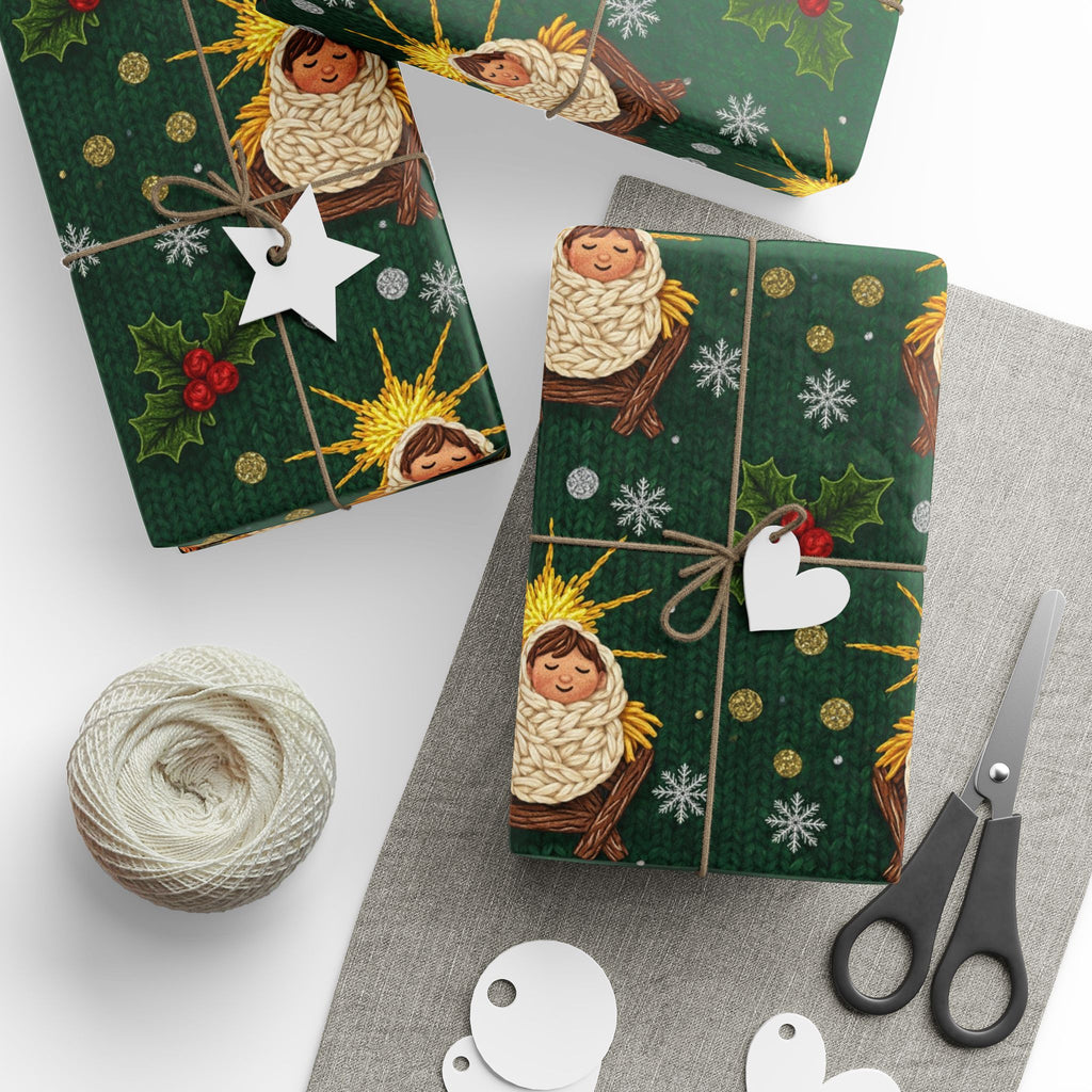 Baby Jesus Knit Wrapping Paper | Christmas Pattern on Green