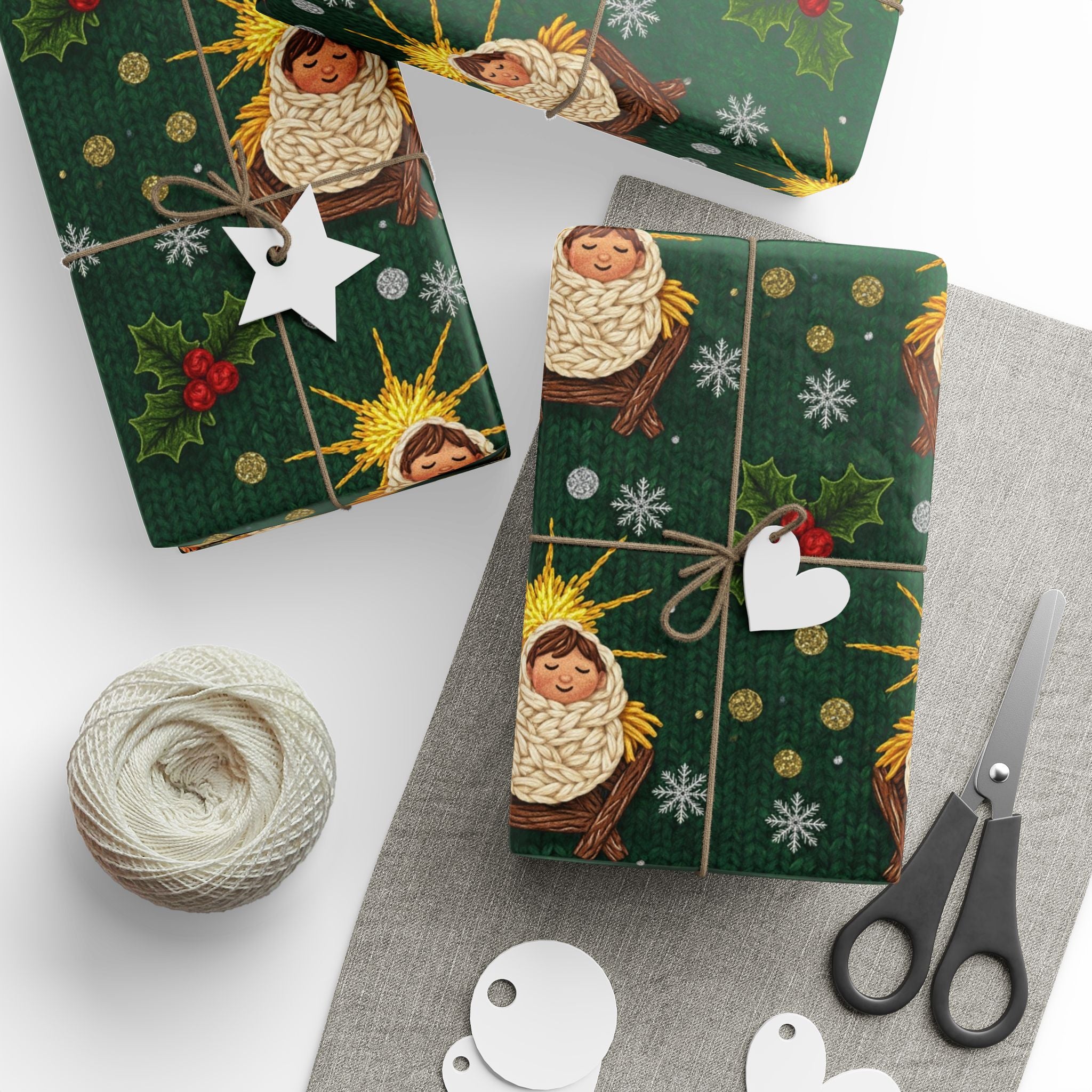 Baby Jesus Knit Wrapping Paper | Christmas Pattern on Green