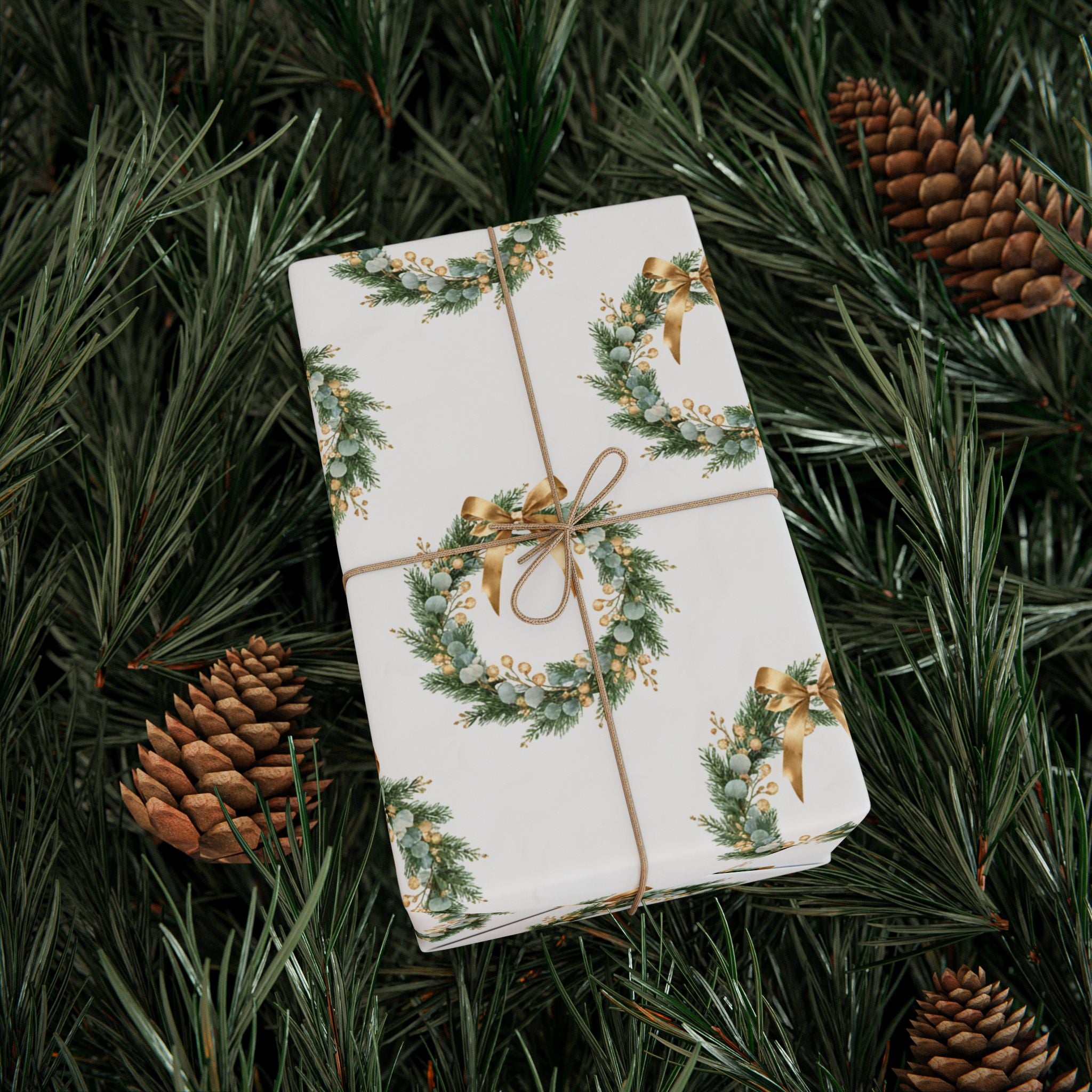 Elegant Gold and Green Christmas Wreaths Wrapping Paper | Luxury Holiday Gift Wrap | Classy Winter Decor Pattern