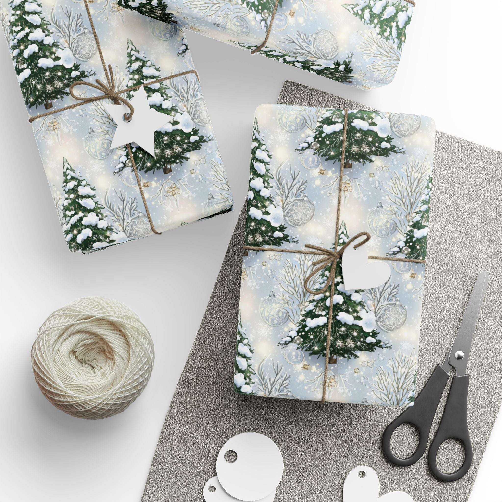 Wrapping Papers, Elegant Winter Wonderland Christmas Trees Gift Wrap, Snowy Holiday Ornaments, Frosted Pines, Festive Present Packaging,