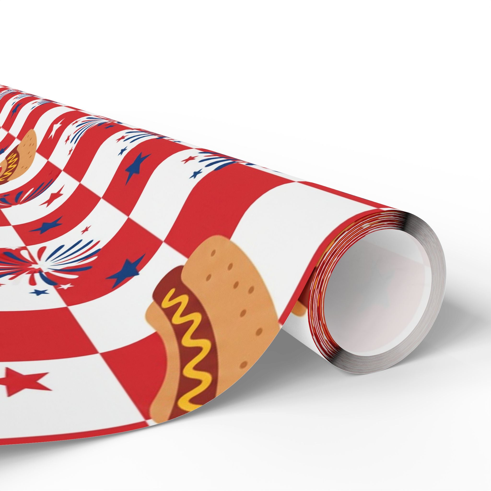 Hot Dog & Fireworks Wrapping Paper | Patriotic 4th of July Checkered Pattern