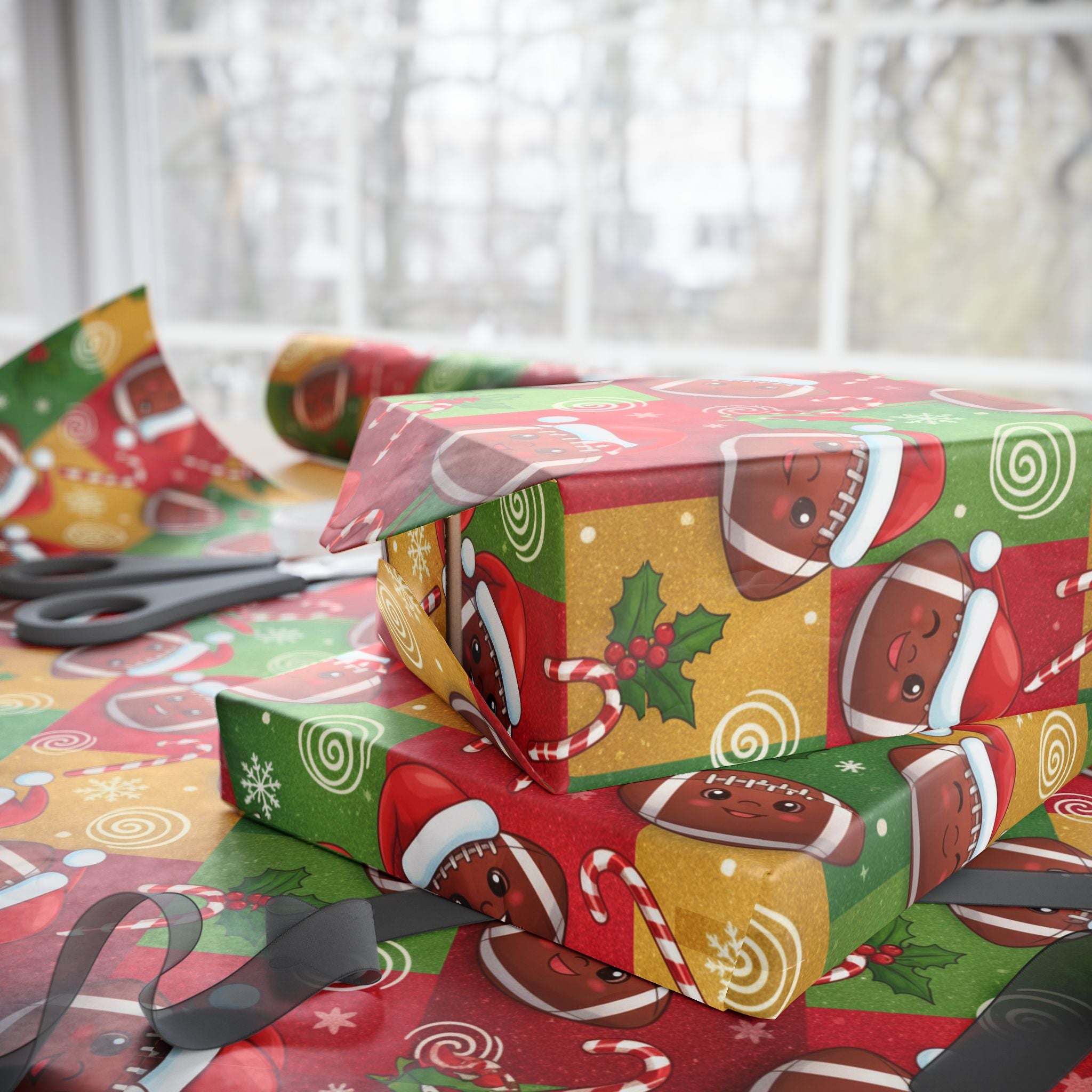 Christmas Football Wrapping Paper - Santa Hats & Snowflakes, Sports Fan Holiday Gift Wrap
